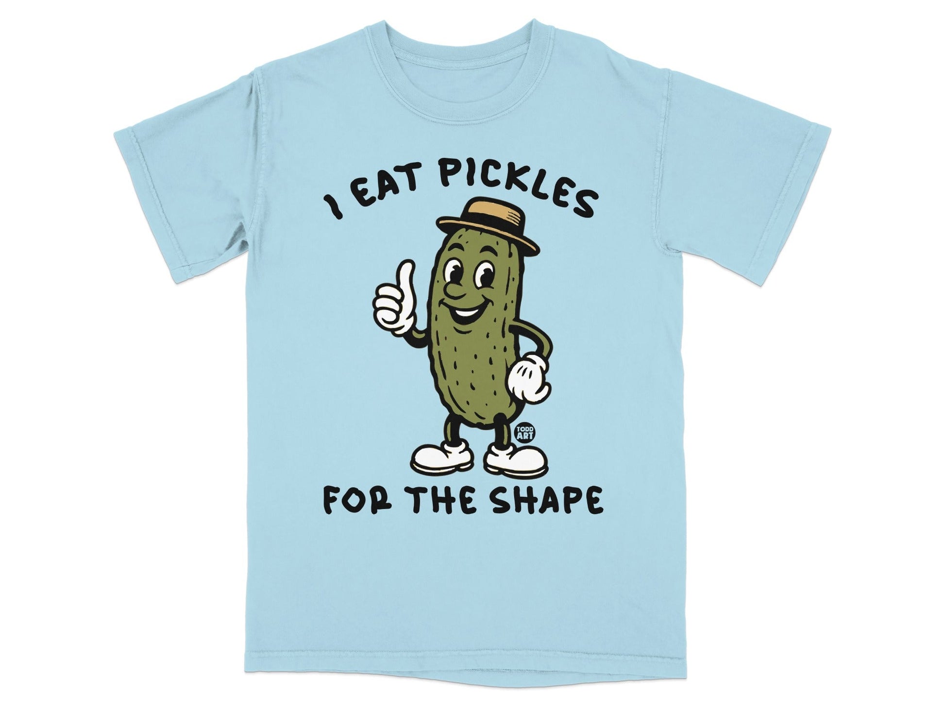 Cartoon pickle with hat giving thumbs up, "I eat pickles for the shape."