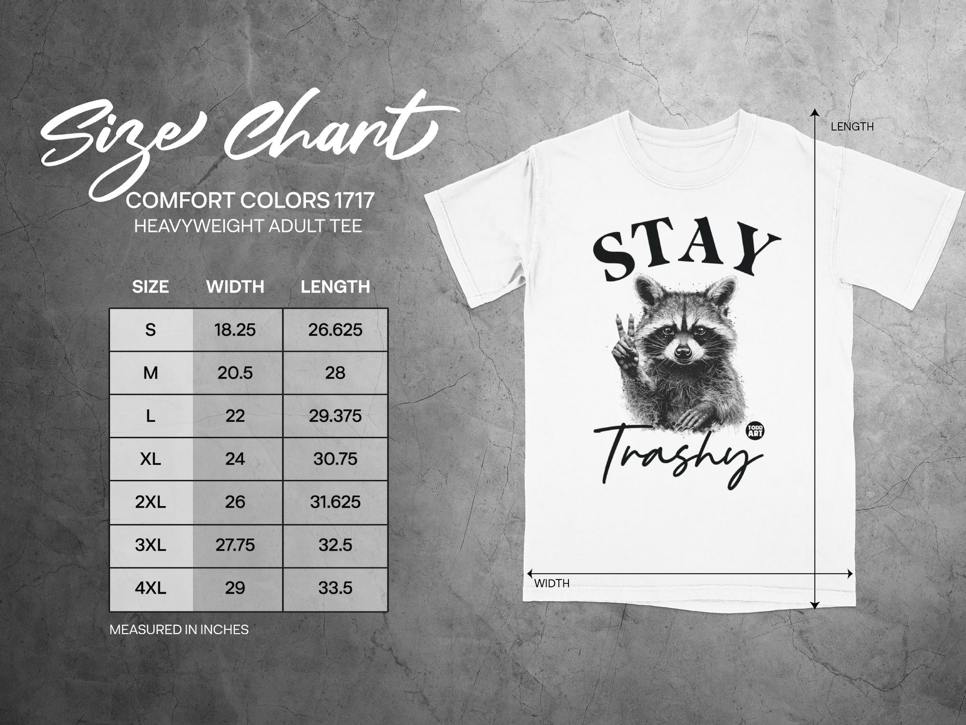 Comfort Colors 1717 heavyweight adult tee size chart with raccoon graphic.