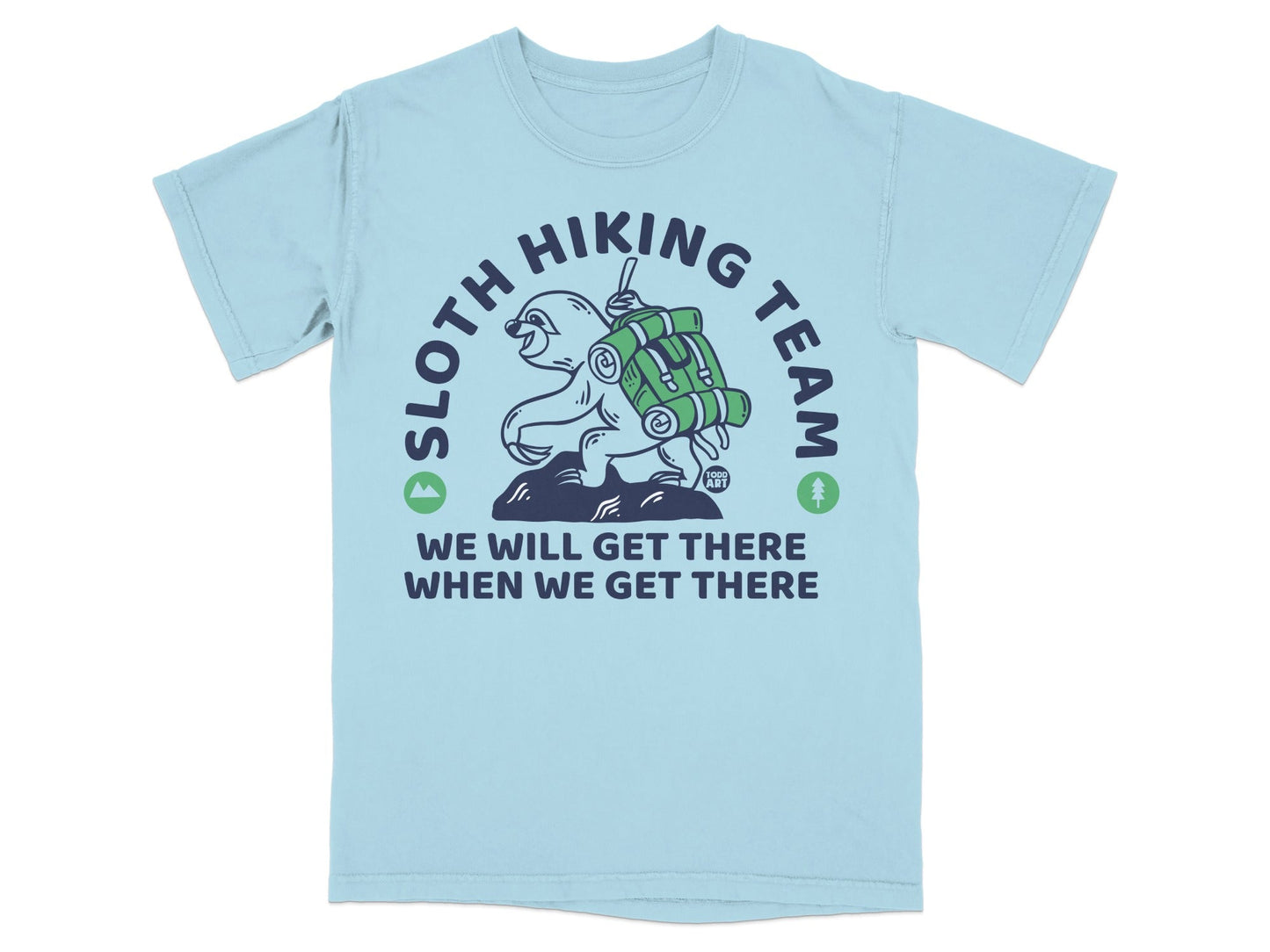 Light blue t-shirt with "Sloth Hiking Team" and a sloth with backpack.