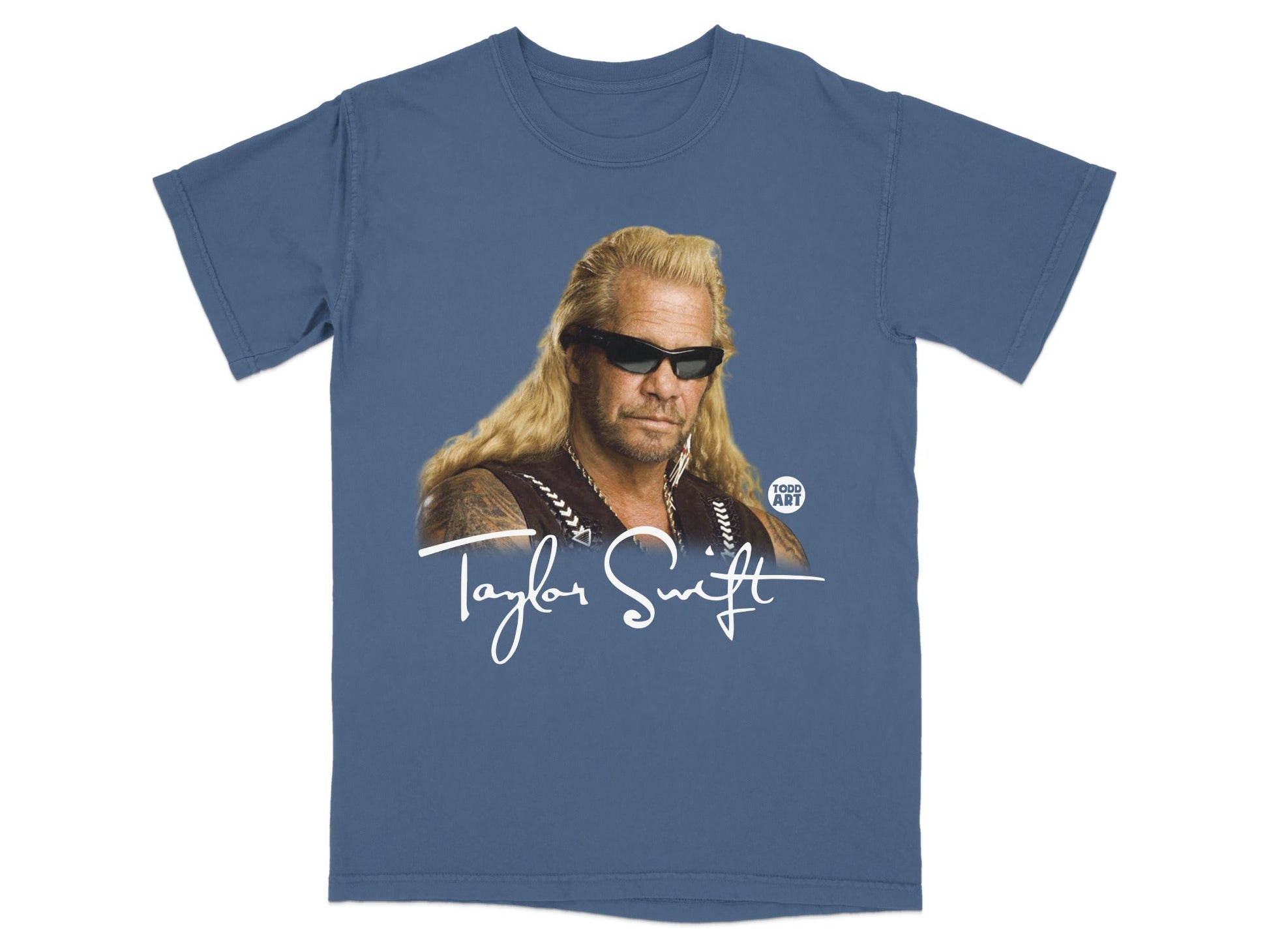 Dog the Bounty Hunter wearing sunglasses and a vest, with "Taylor Swift" text.
