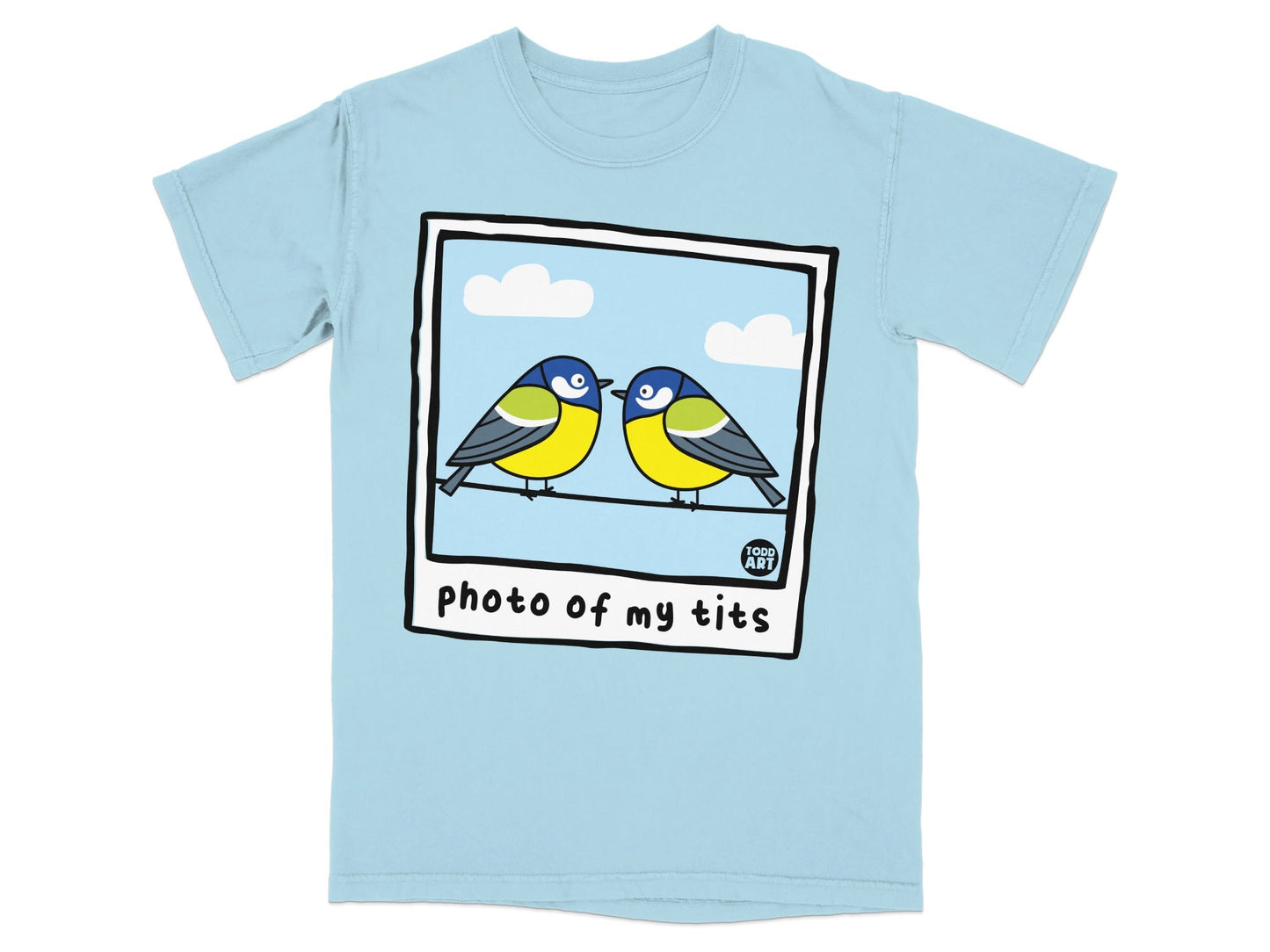 Light blue t-shirt with "photo of my tits" and two blue tits on a wire.