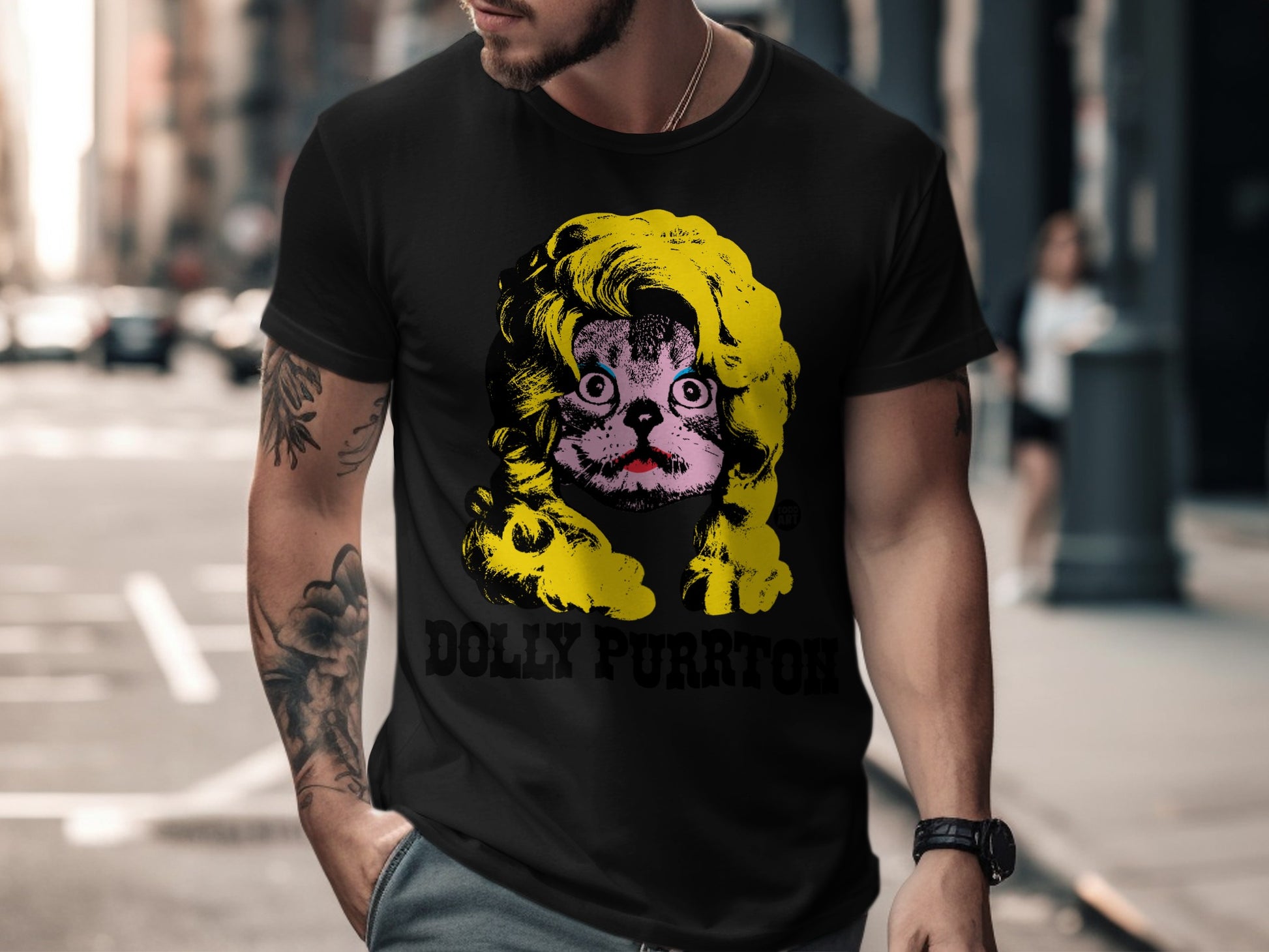 Dolly Purrton Cat Graphic Black Short Sleeve T-shirt