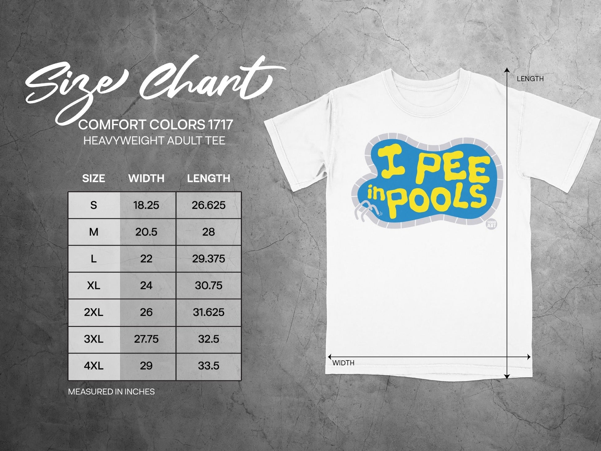 Comfort Colors 1717 heavyweight adult tee size chart with "I Pee in Pools" graphic.