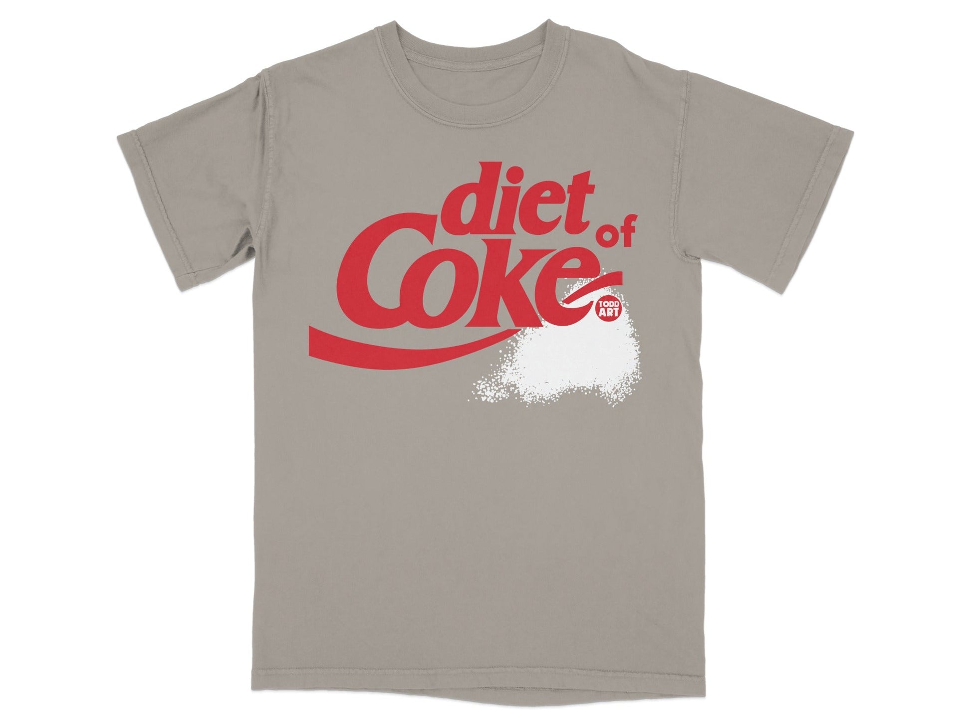 Grey t-shirt with red Diet Coke logo and spilled sugar.