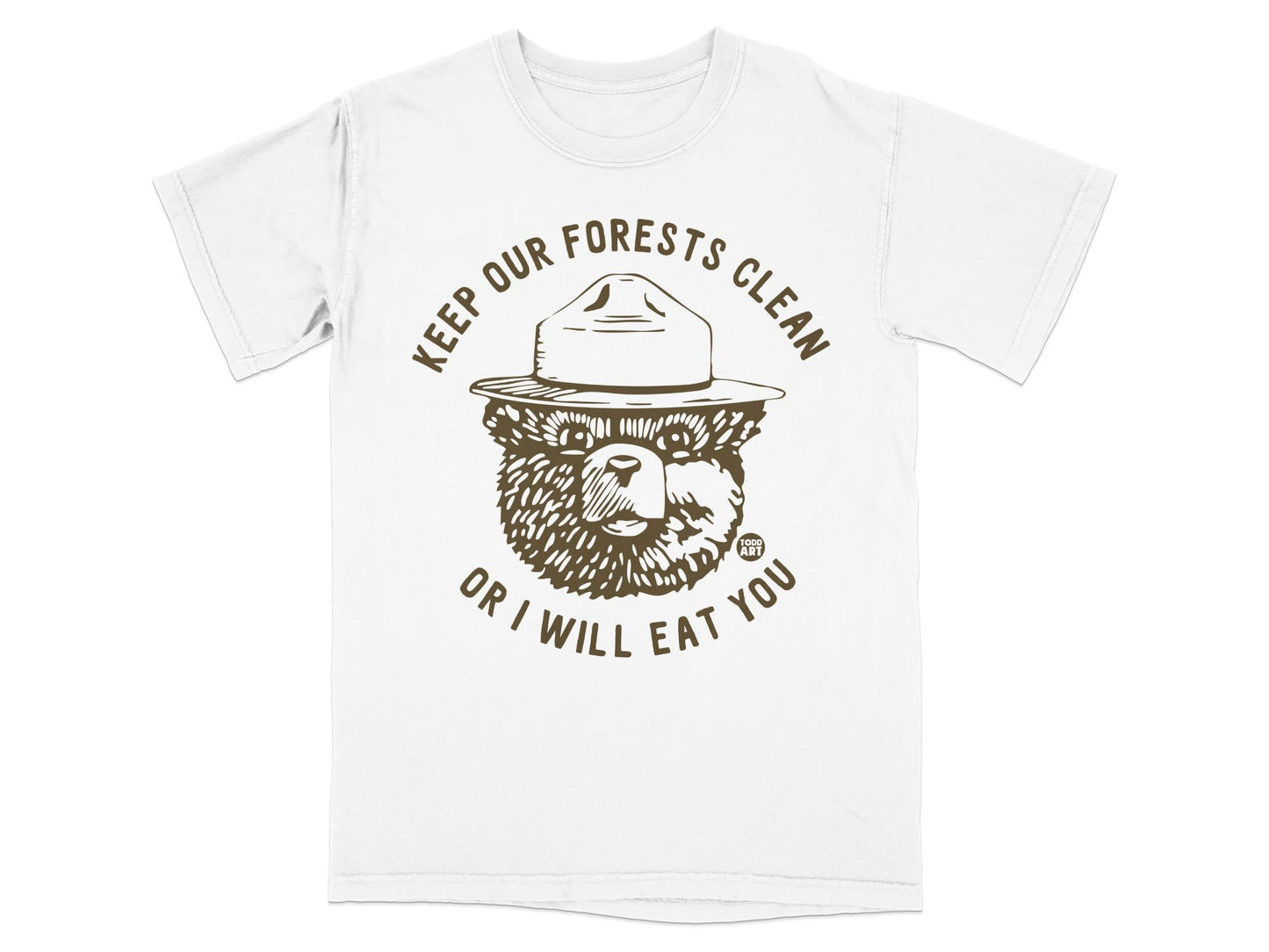 Smokey Bear graphic on a white t-shirt with "Keep Our Forests Clean or I Will Eat You."
