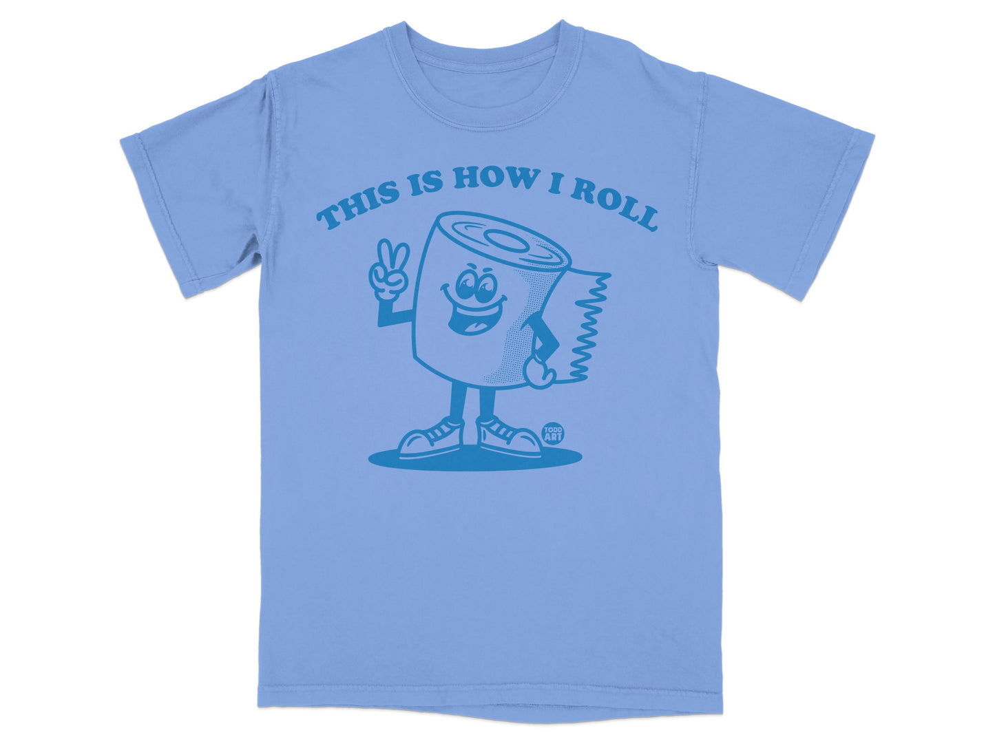 Blue t-shirt with a cartoon toilet paper roll giving a peace sign.