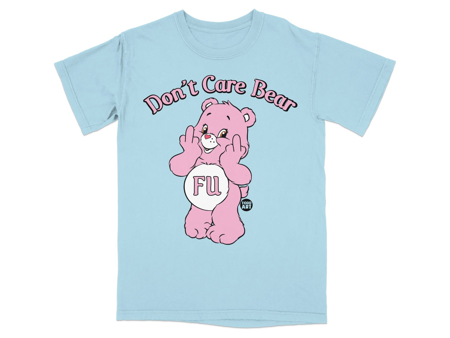 Pink "Don't Care Bear" cartoon bear with FU on its belly, giving the middle finger.
