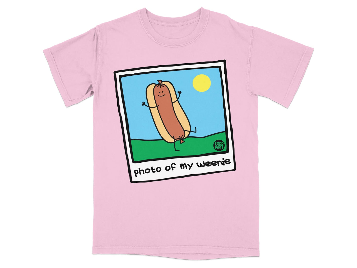 Pink t-shirt with cartoon hot dog in a bun and text "photo of my weenie".