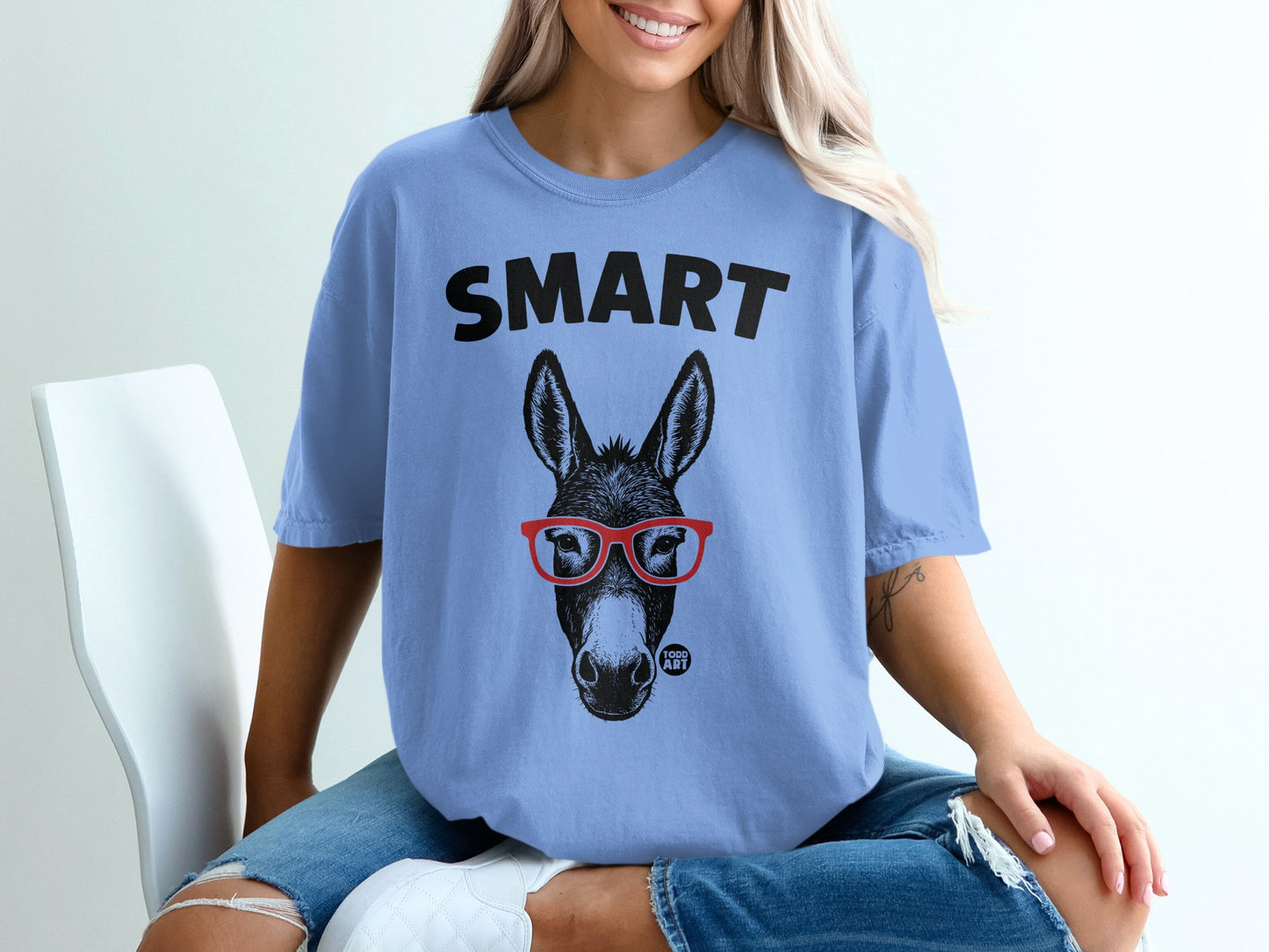Smart Donkey Funny Graphic Tee with Red Glasses Design