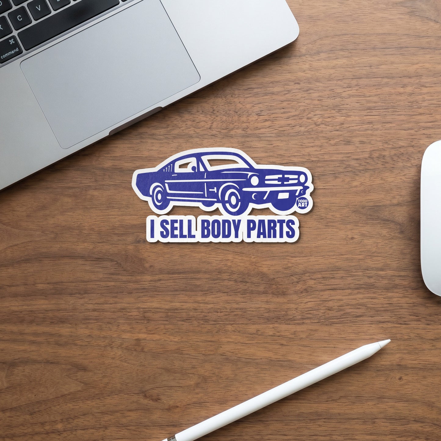 Blue sticker of a classic car with text "I SELL BODY PARTS"