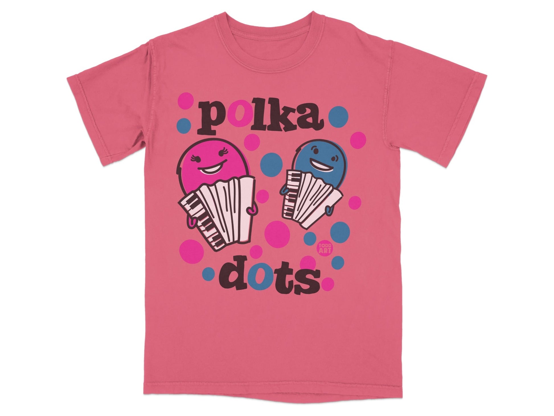 Two cartoon accordions with faces on a pink t-shirt.