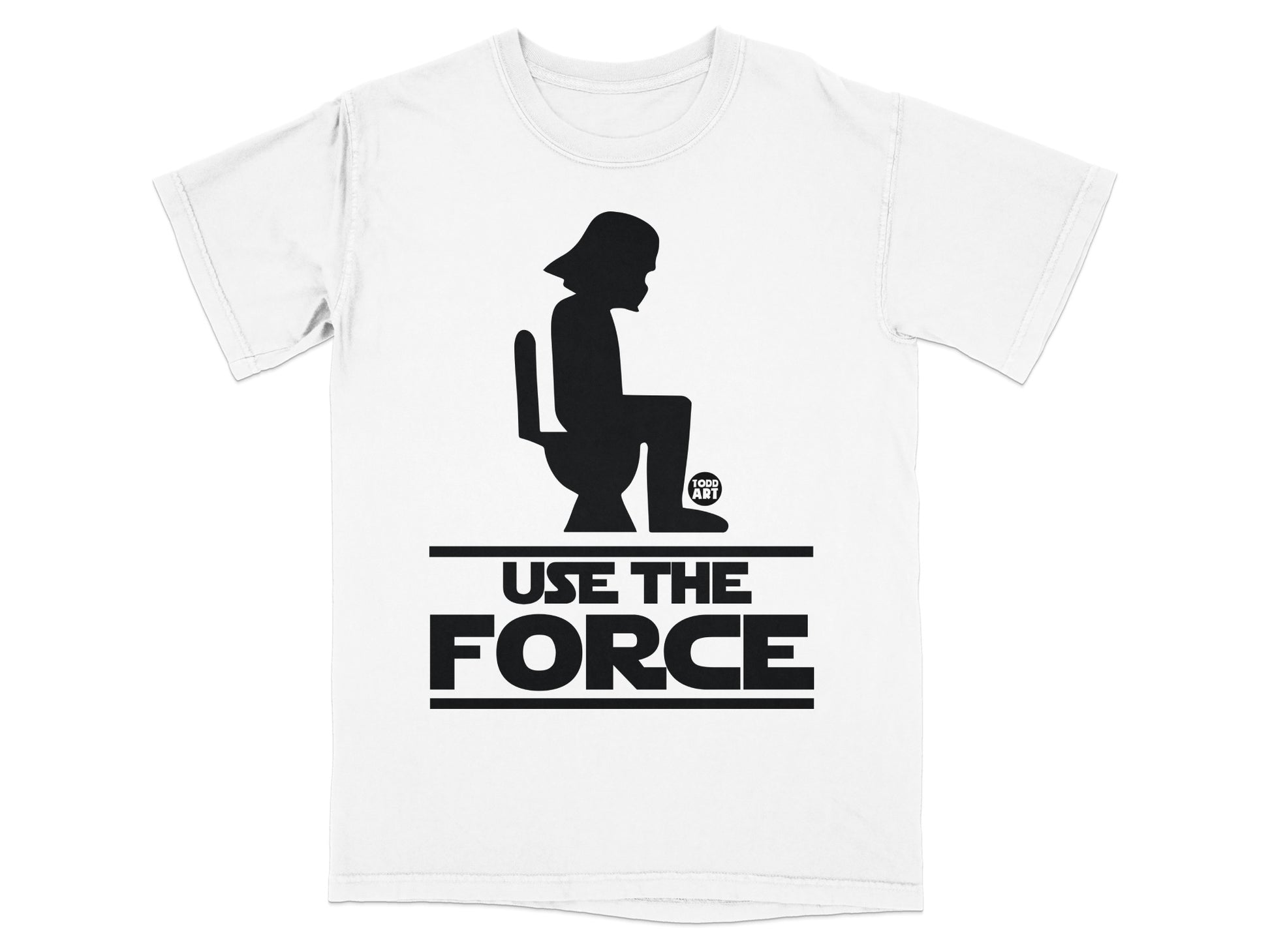 White t-shirt with Darth Vader sitting on a toilet and "USE THE FORCE" text.