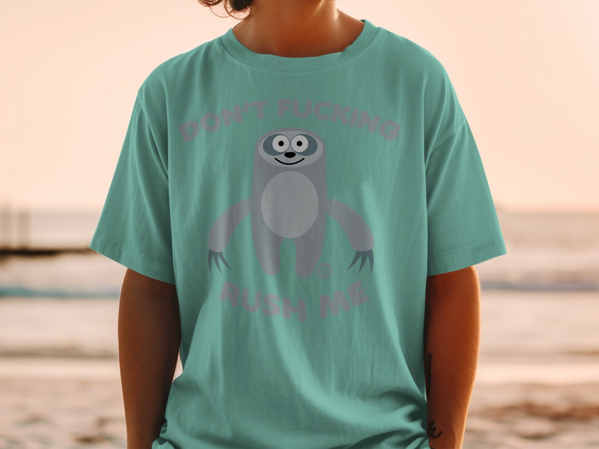 Teal t-shirt with cartoon sloth graphic and text "Don't Fucking Rush Me."