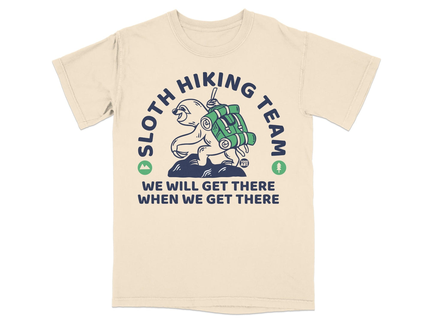 Sloth hiking team graphic on a light beige t-shirt.