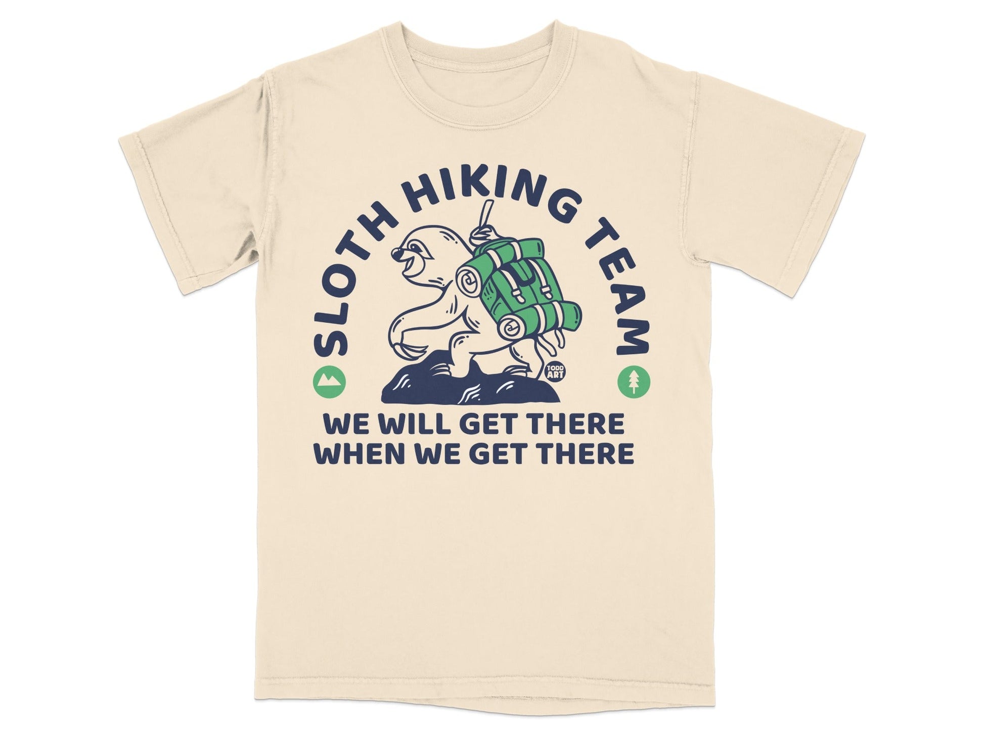 Sloth hiking team graphic on a light beige t-shirt.