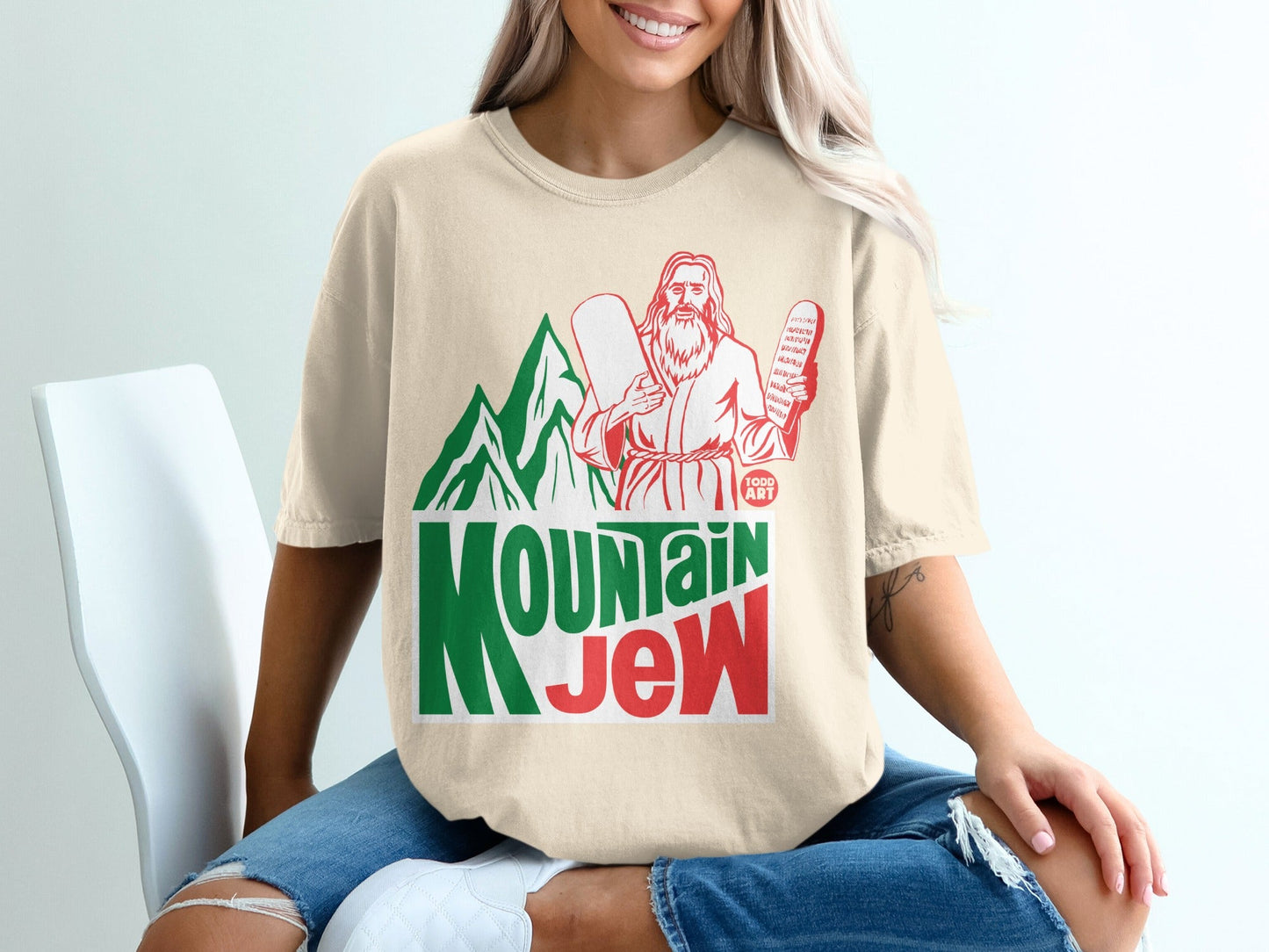 T-shirt with "Mountain Jew" graphic featuring Moses holding tablets.