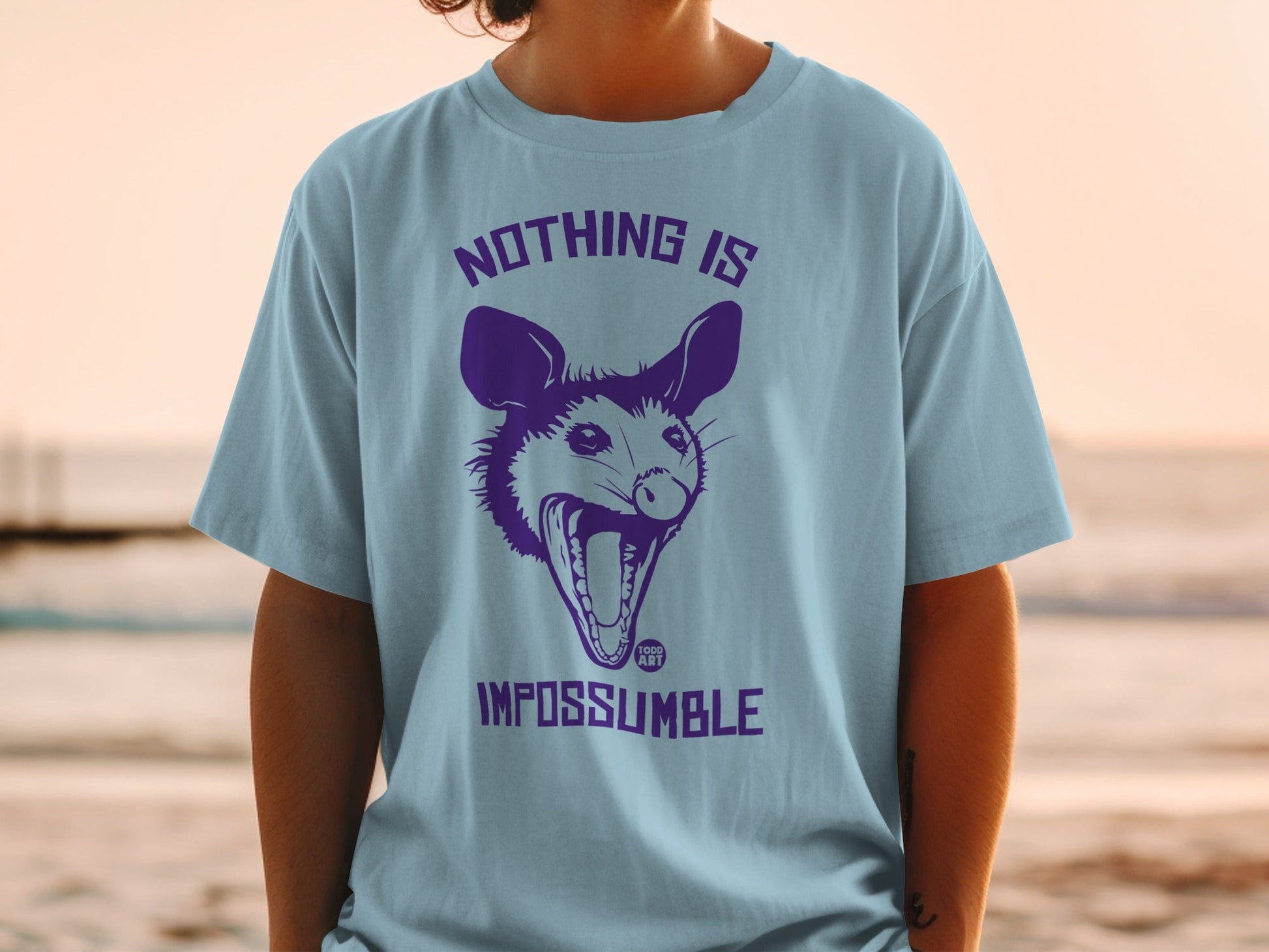 Light blue t-shirt with purple possum graphic and "NOTHING IS IMPOSSUMBLE" text.