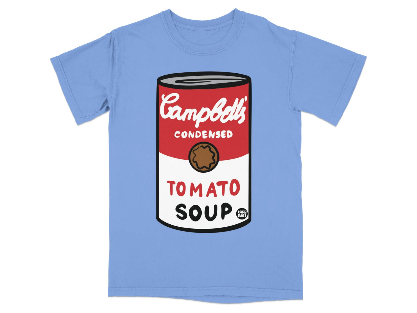 Blue t-shirt with Campbell's Condensed Tomato Soup can graphic.