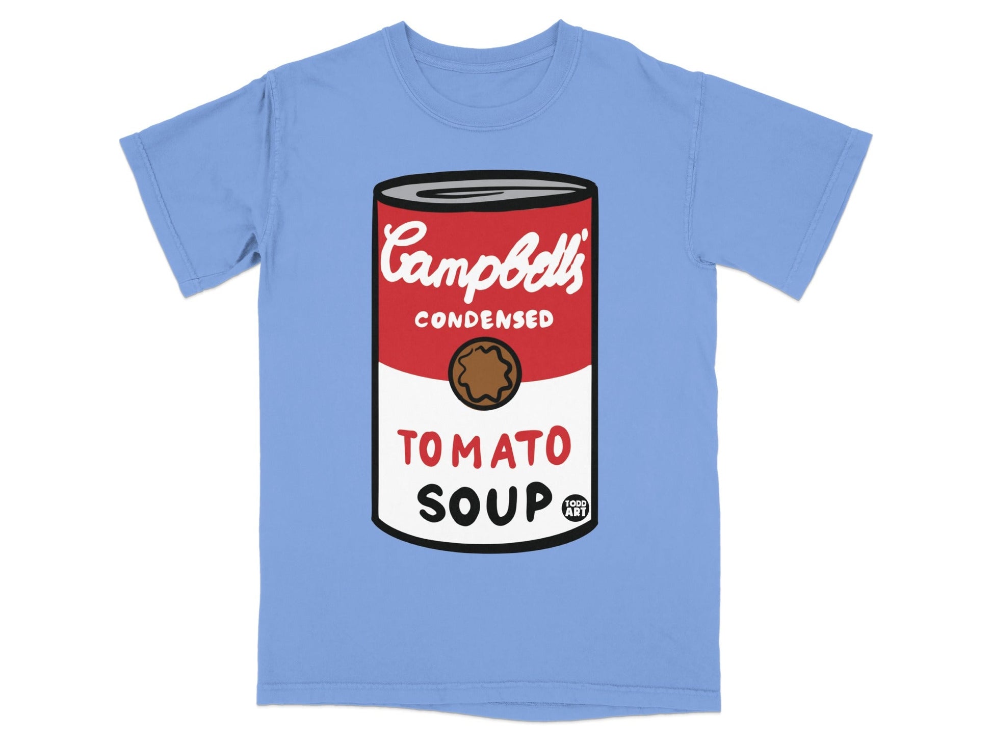 Blue t-shirt with Campbell's Condensed Tomato Soup can graphic.