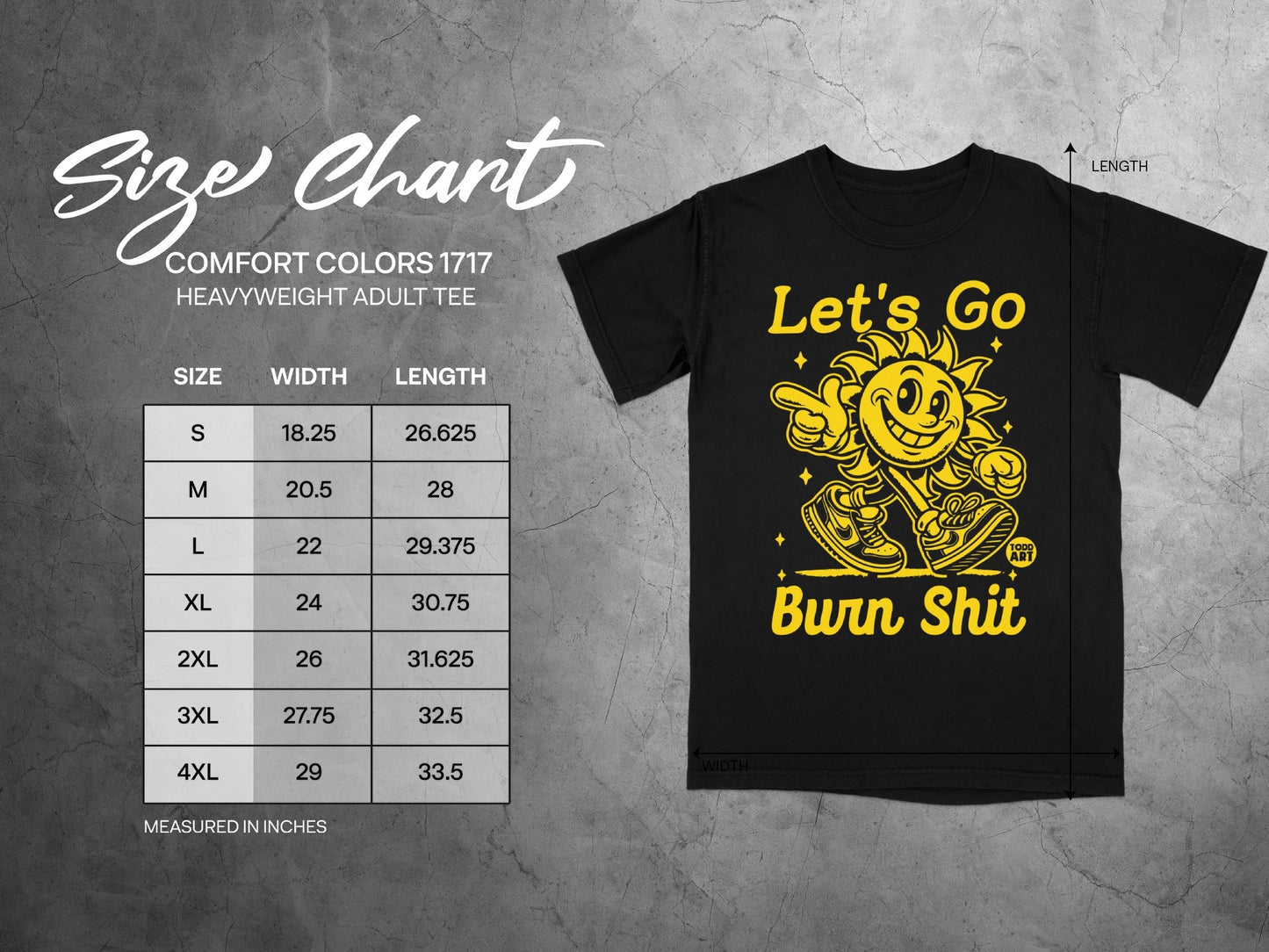 Comfort Colors 1717 size chart for adult heavyweight tee with graphic.