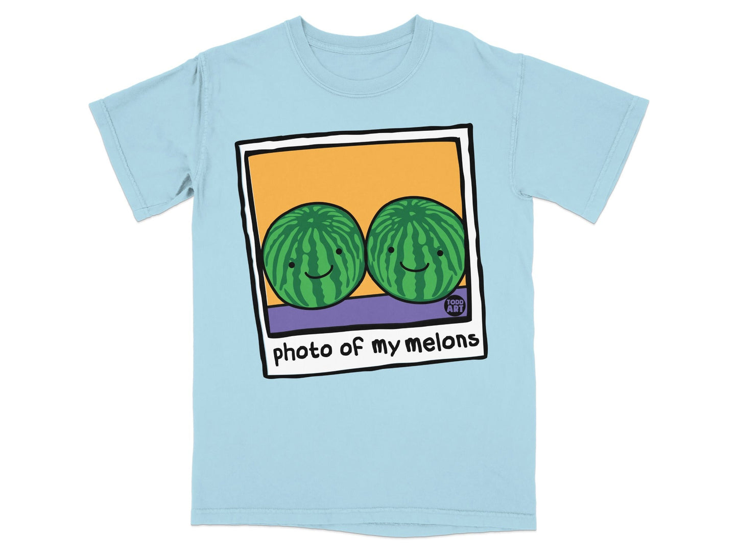 Two cartoon watermelons with smiling faces on a t-shirt.