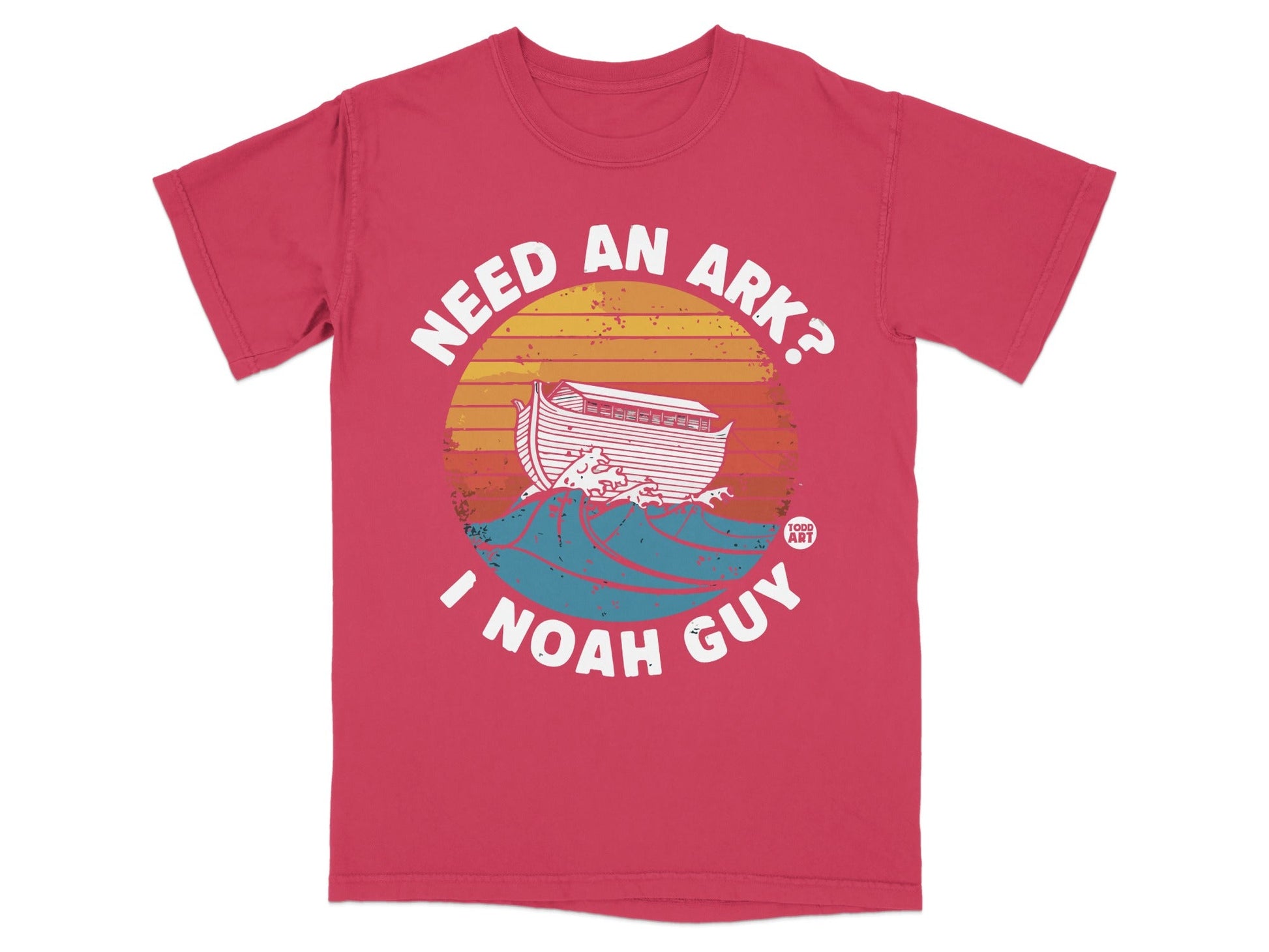 Red t-shirt with "Need an ark? I Noah guy" text and Noah's Ark graphic.