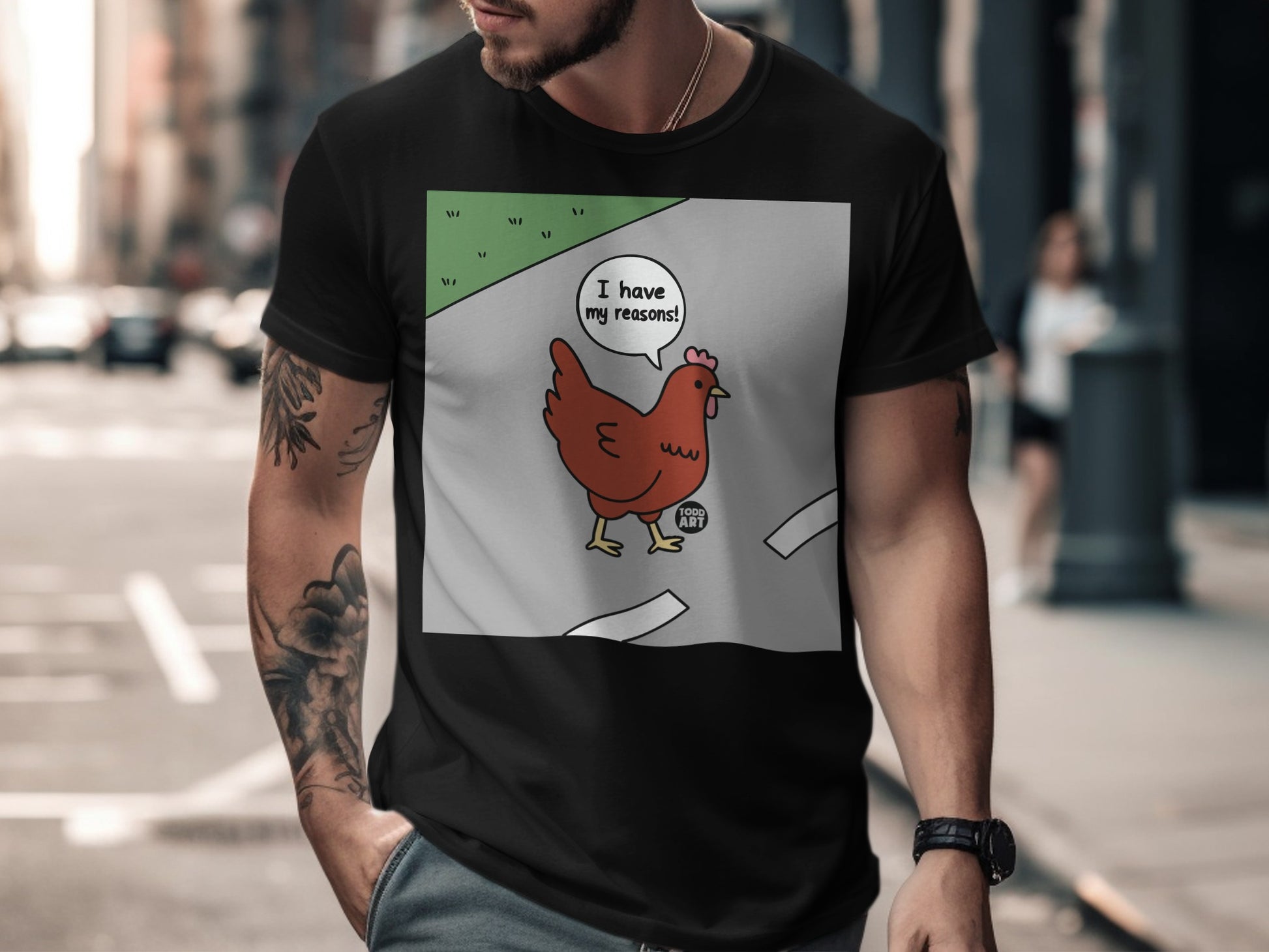 Funny Chicken Cartoon T-shirt with I Have My Reasons Design