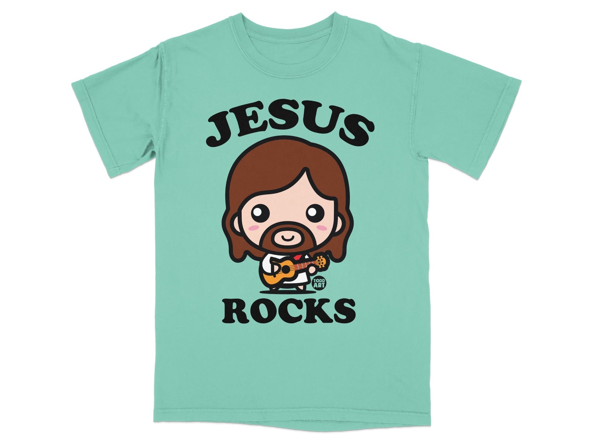 Teal t-shirt with cartoon Jesus playing guitar, text "JESUS ROCKS".