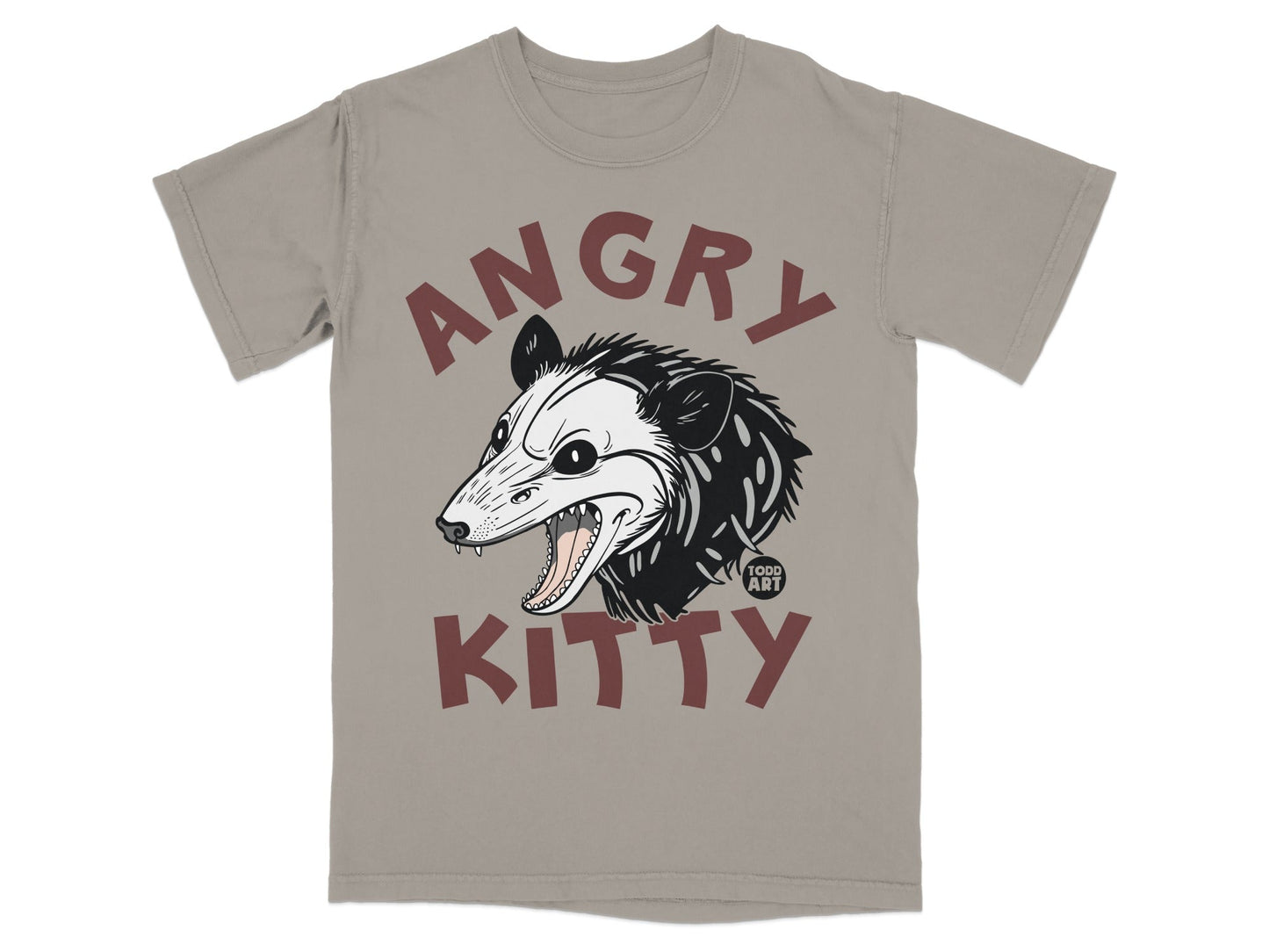 Gray t-shirt with "Angry Kitty" text and a snarling possum graphic.