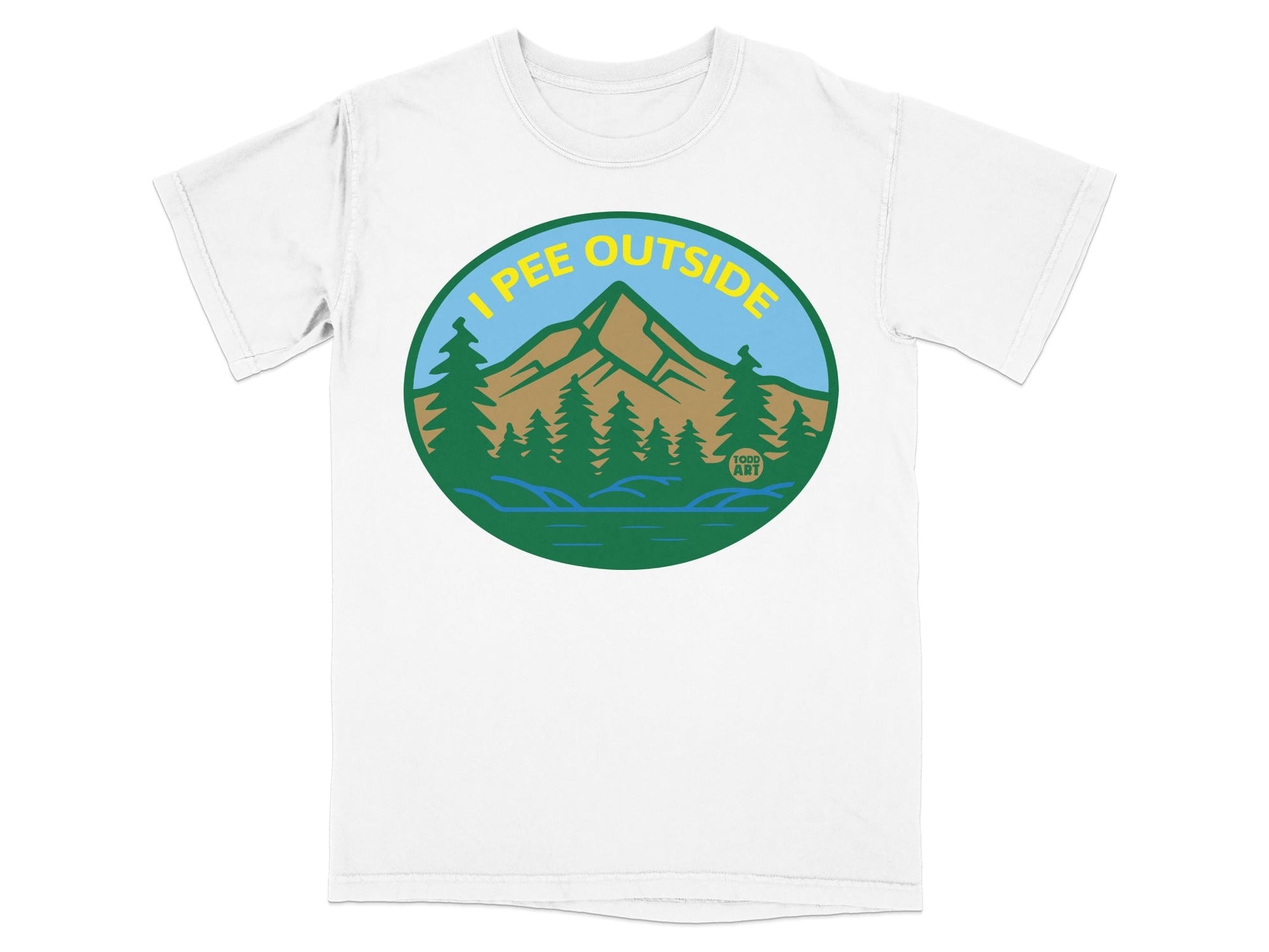 White t-shirt featuring a circular graphic of mountains, trees, and a lake with text "I PEE OUTSIDE".
