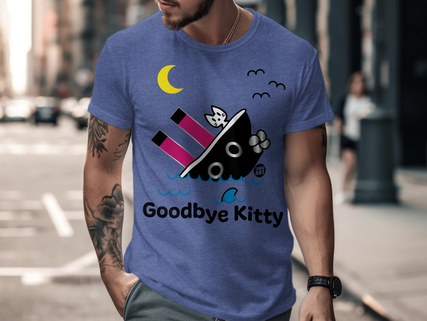 Fun Goodbye Kitty Moon Sinking Graphic Shirt