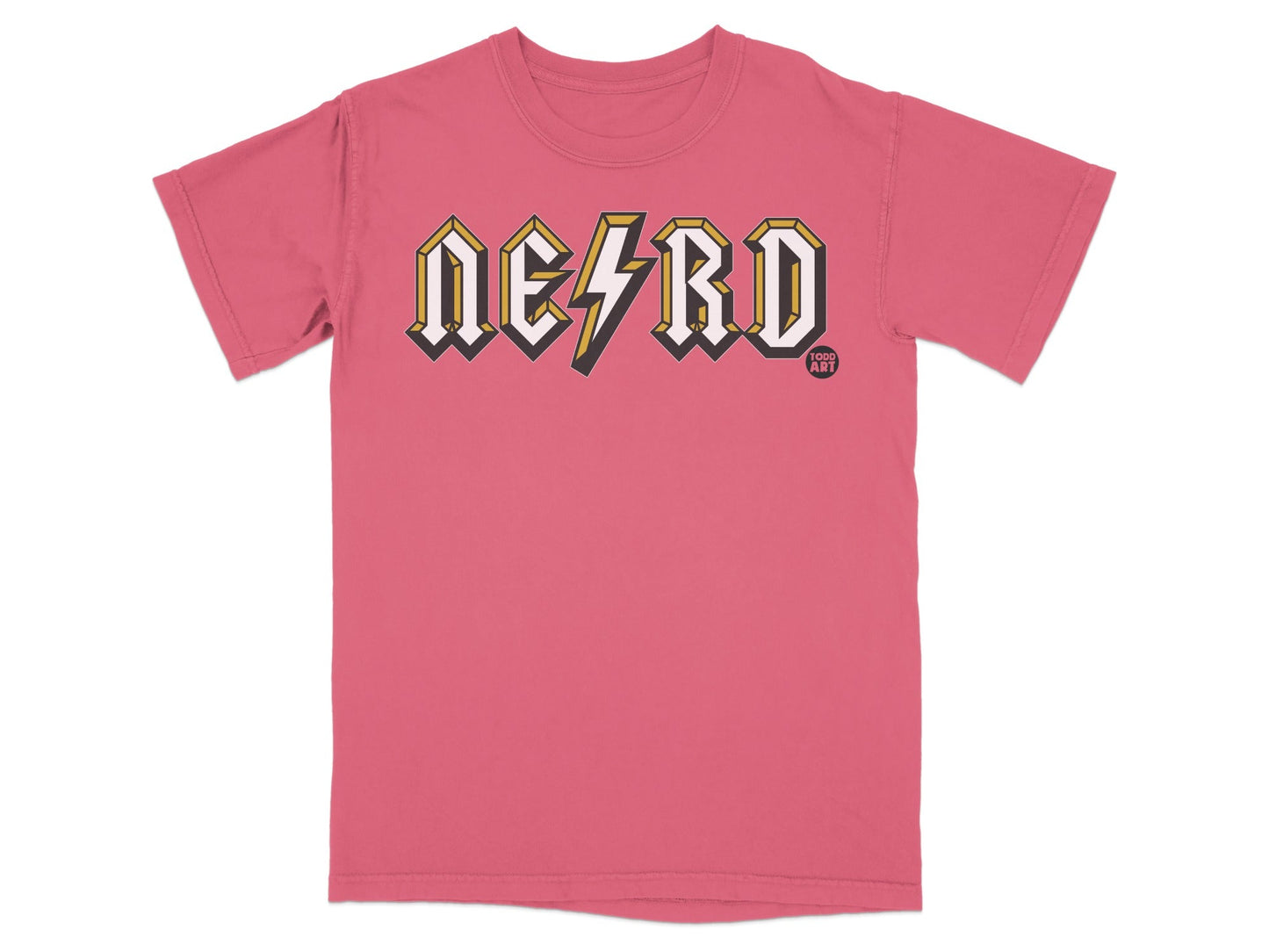 Pink t-shirt with "NERD" text in yellow and white, inspired by AC/DC logo.