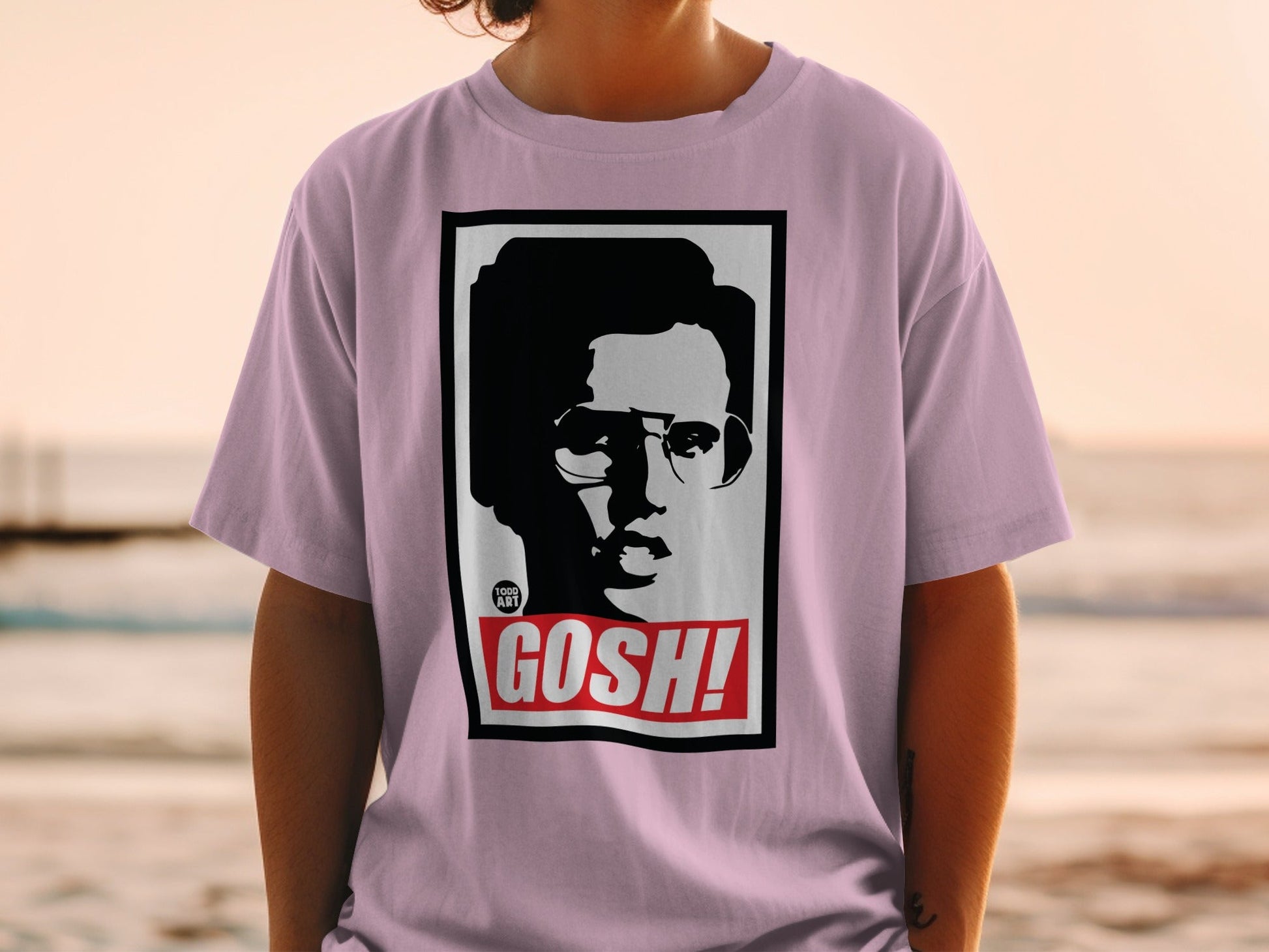 T-shirt with black and white portrait and "GOSH!" text.