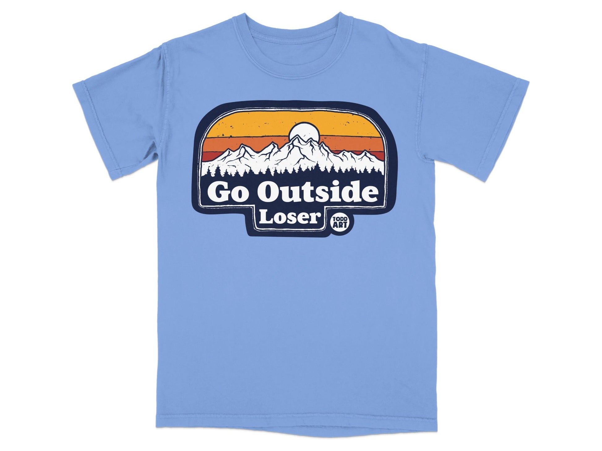 Light blue t-shirt with "Go Outside Loser" mountain sunset graphic.