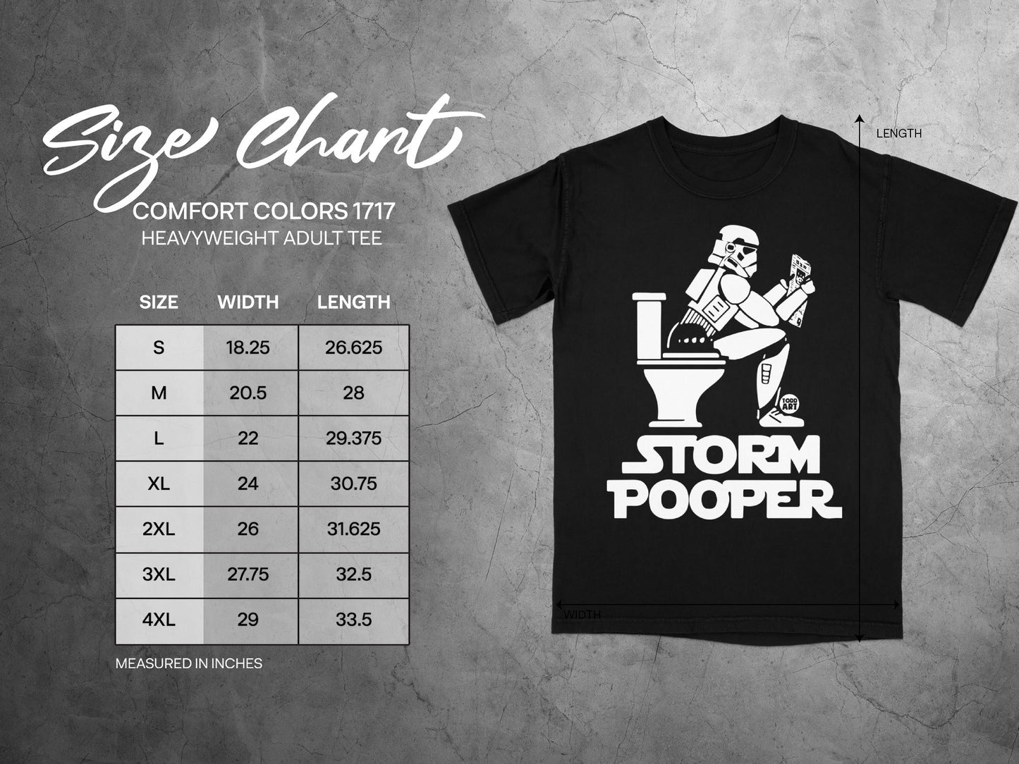Size chart for Comfort Colors heavyweight adult tee with Storm Pooper graphic.
