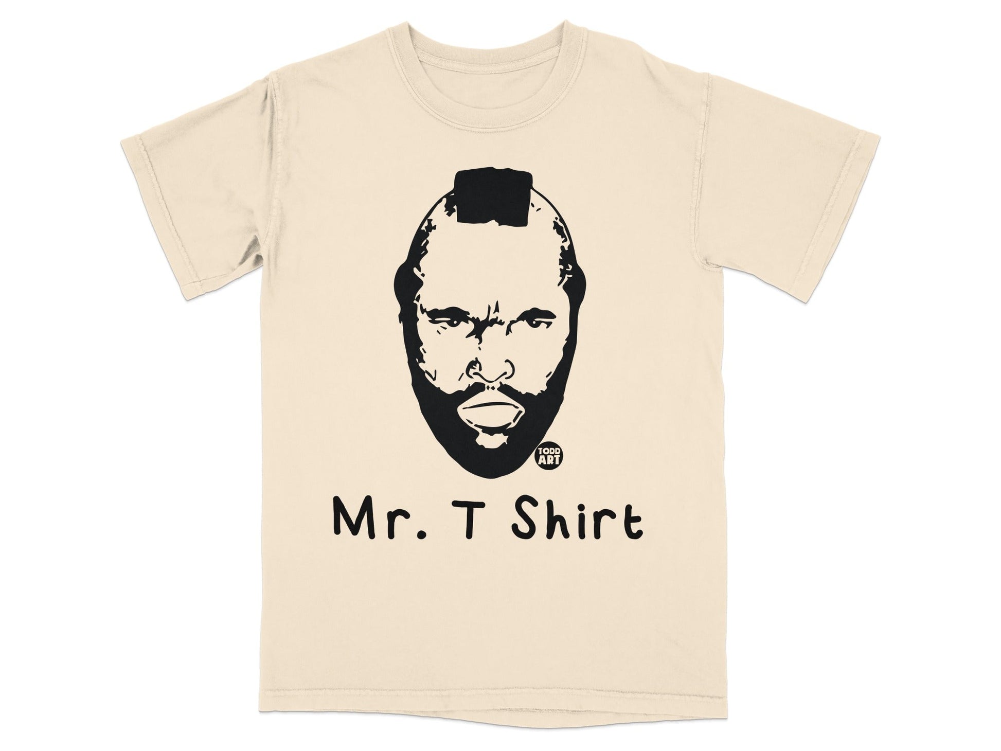 Mr. T t-shirt with black and white illustration of his face and name.