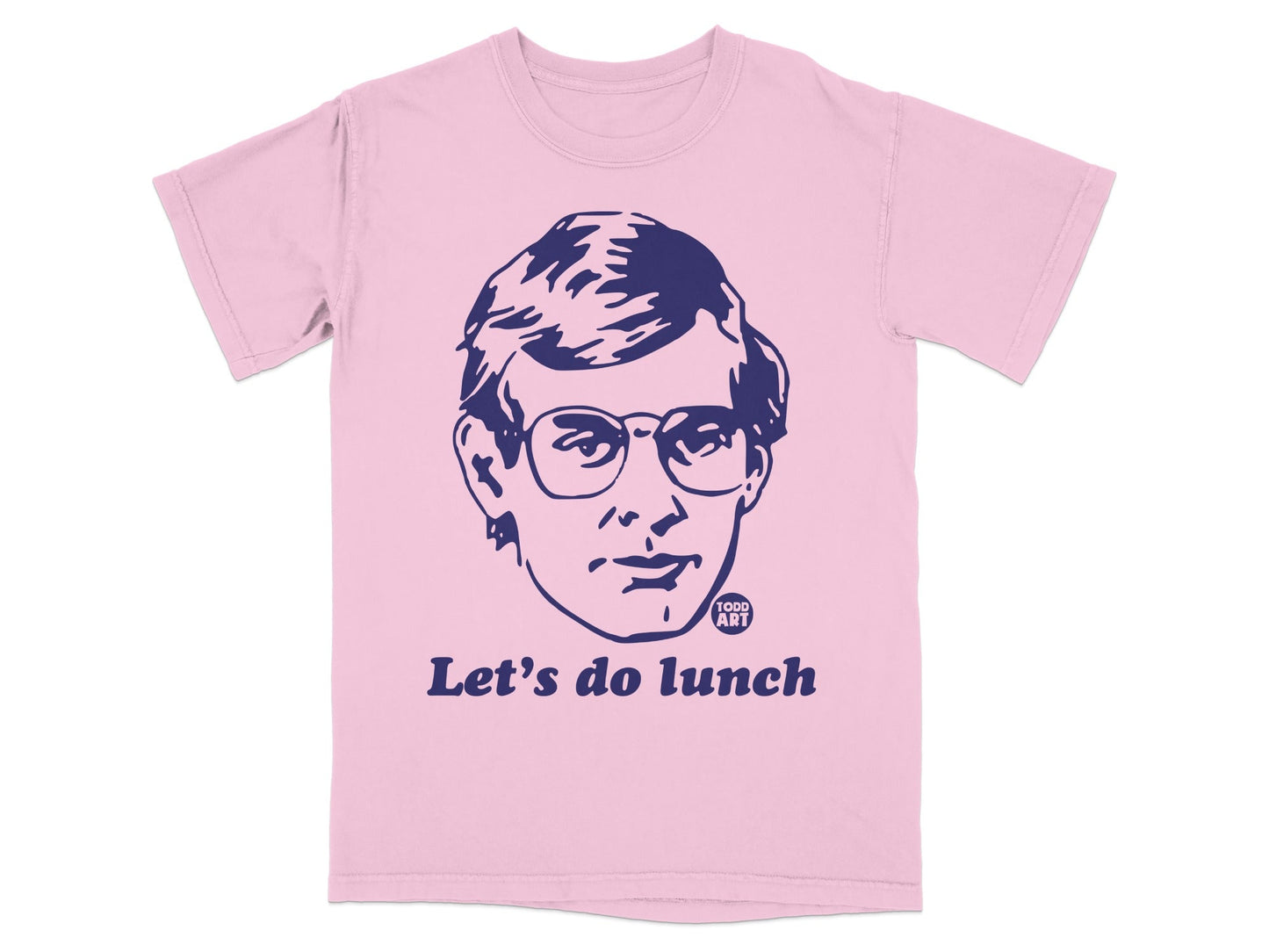Pink t-shirt with navy blue graphic of man's face and "Let's do lunch" text.