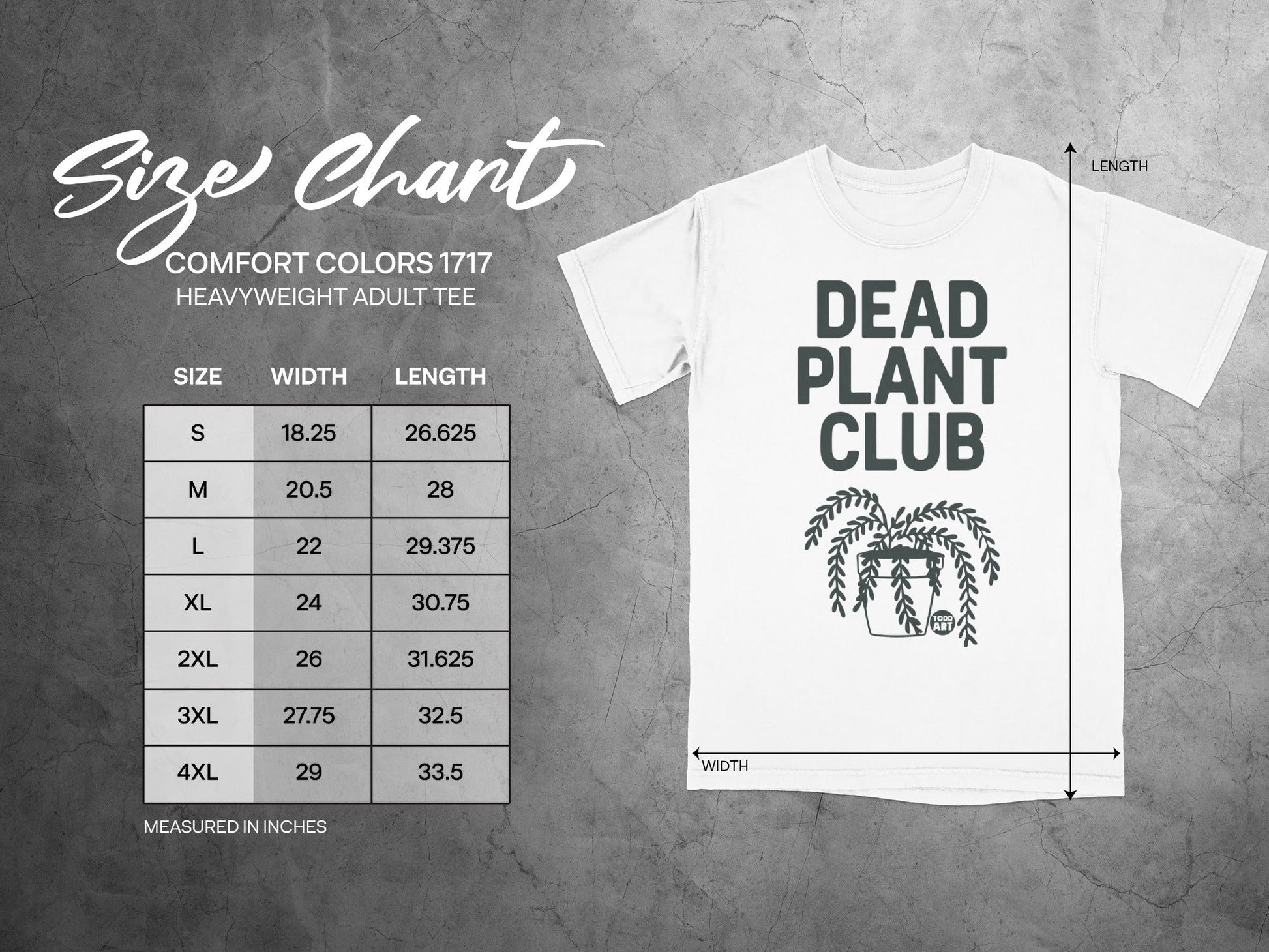 Size chart for Comfort Colors 1717 heavyweight adult tee with Dead Plant Club graphic.