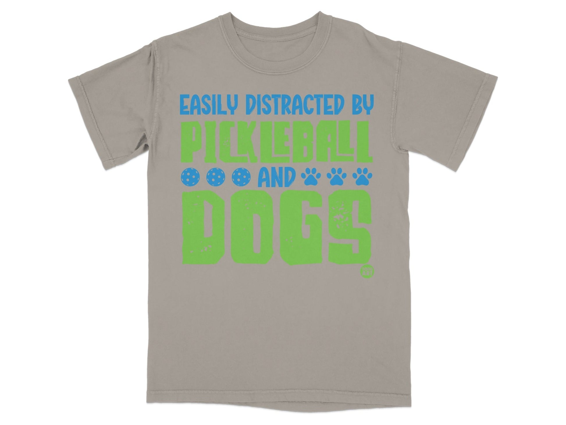Gray t-shirt with "Easily Distracted By Pickleball And Dogs" text and graphics.