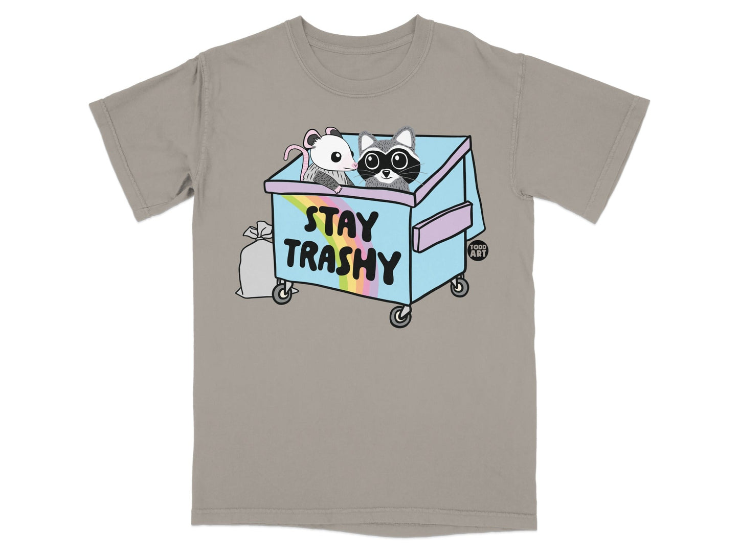 Raccoon and mouse in a trash can with "Stay Trashy" text and rainbow accents.