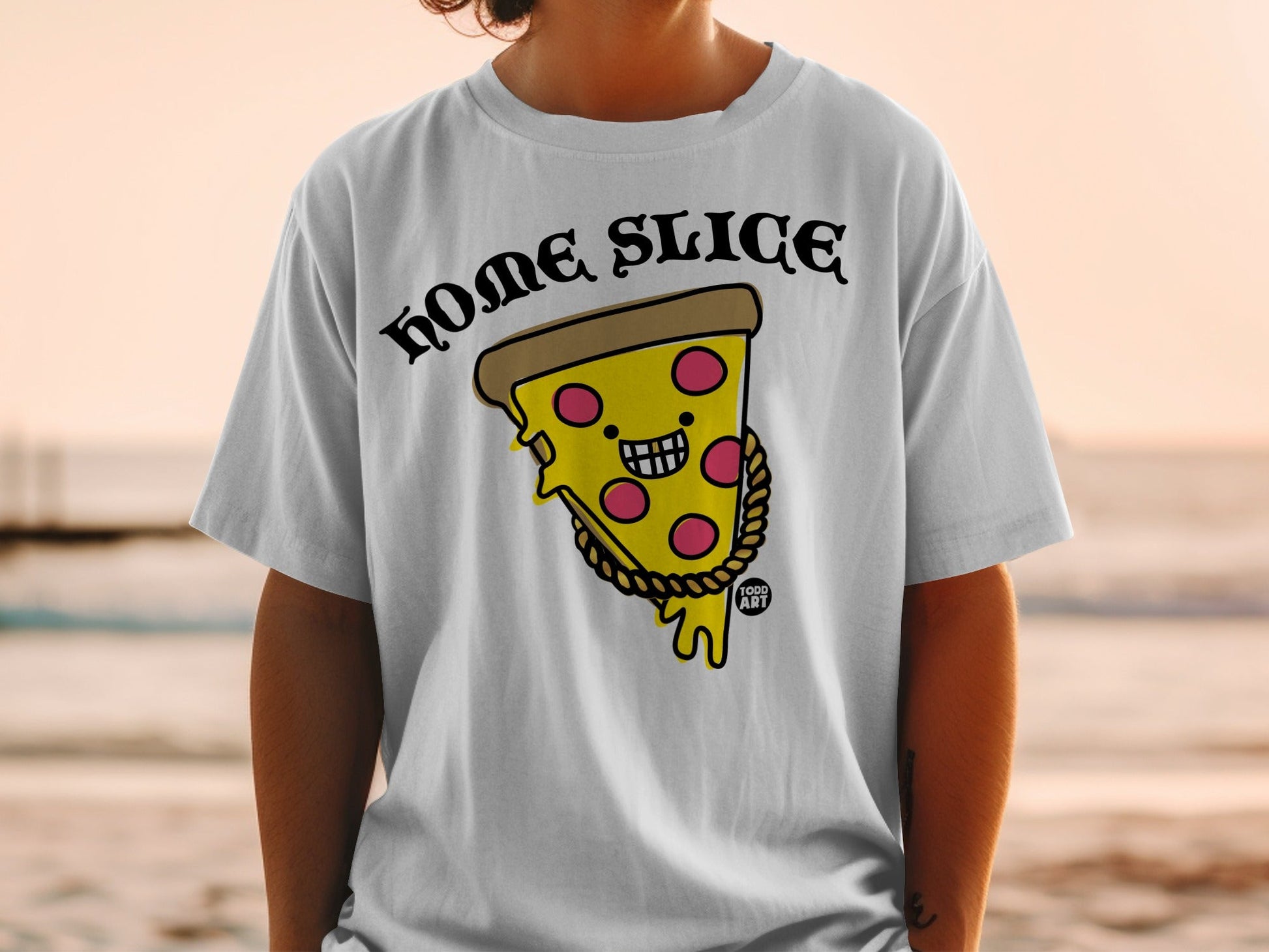 White t-shirt with cartoon pizza slice wearing a gold chain.