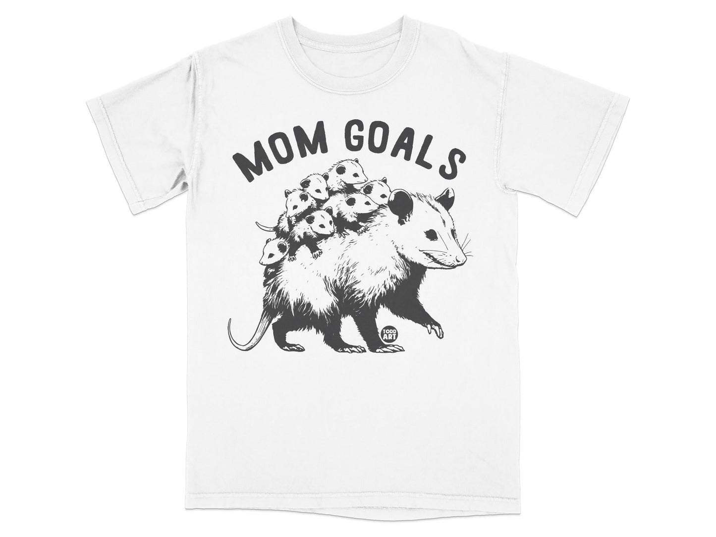 Opossum mother carrying babies on her back with "MOM GOALS" text above.