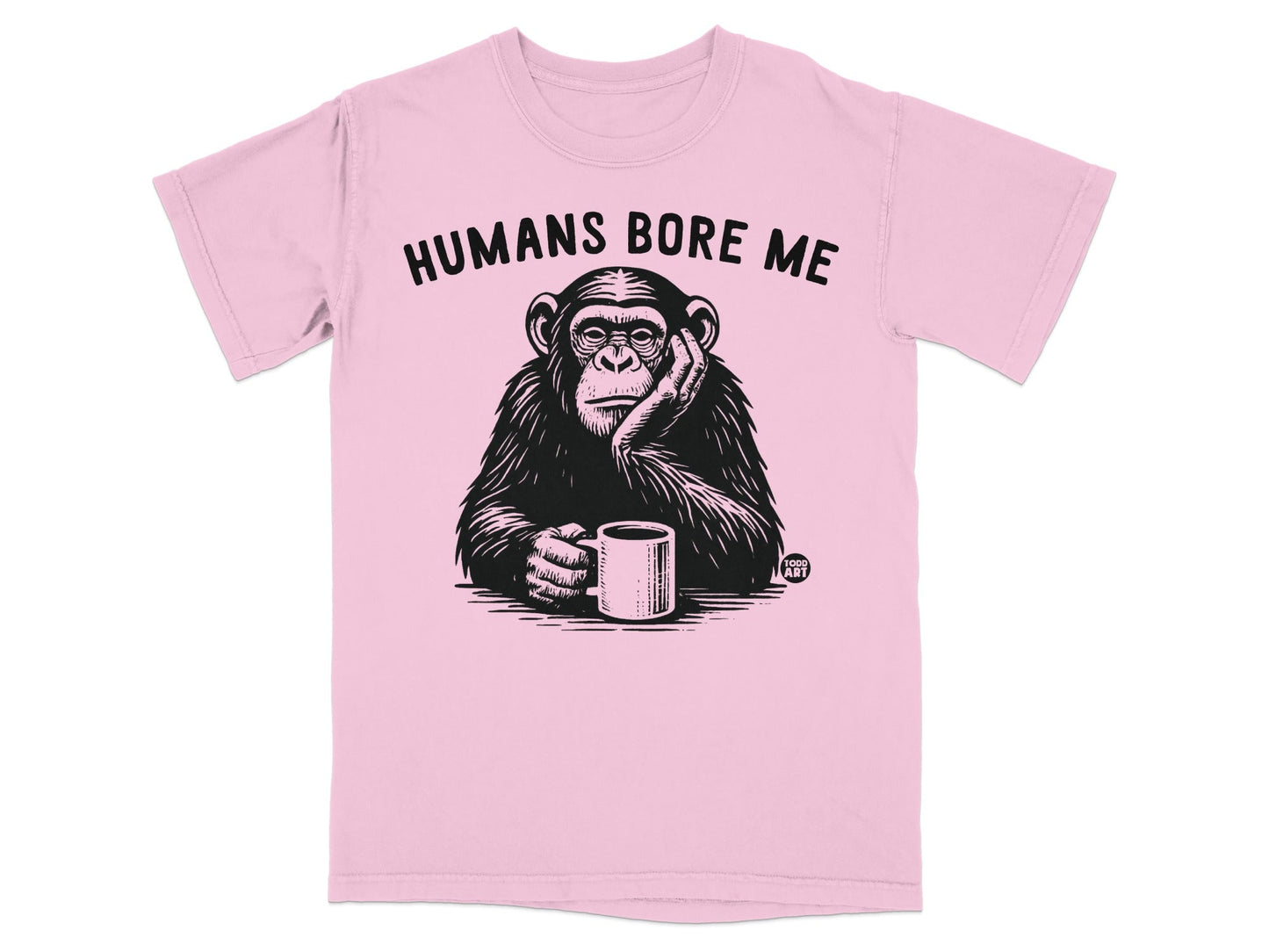 Chimpanzee sitting with coffee mug, text "Humans Bore Me" above.
