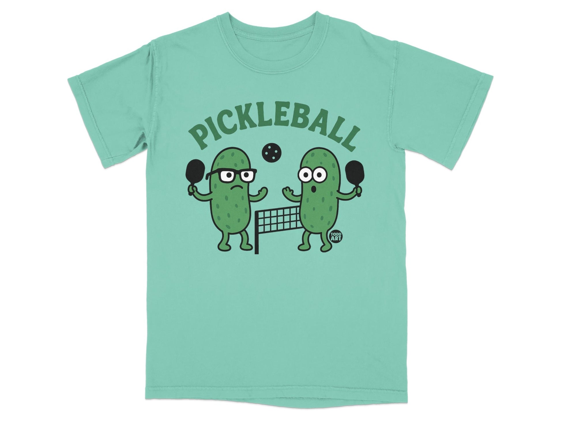 Two cartoon pickles playing pickleball on a net, text "PICKLEBALL" above.