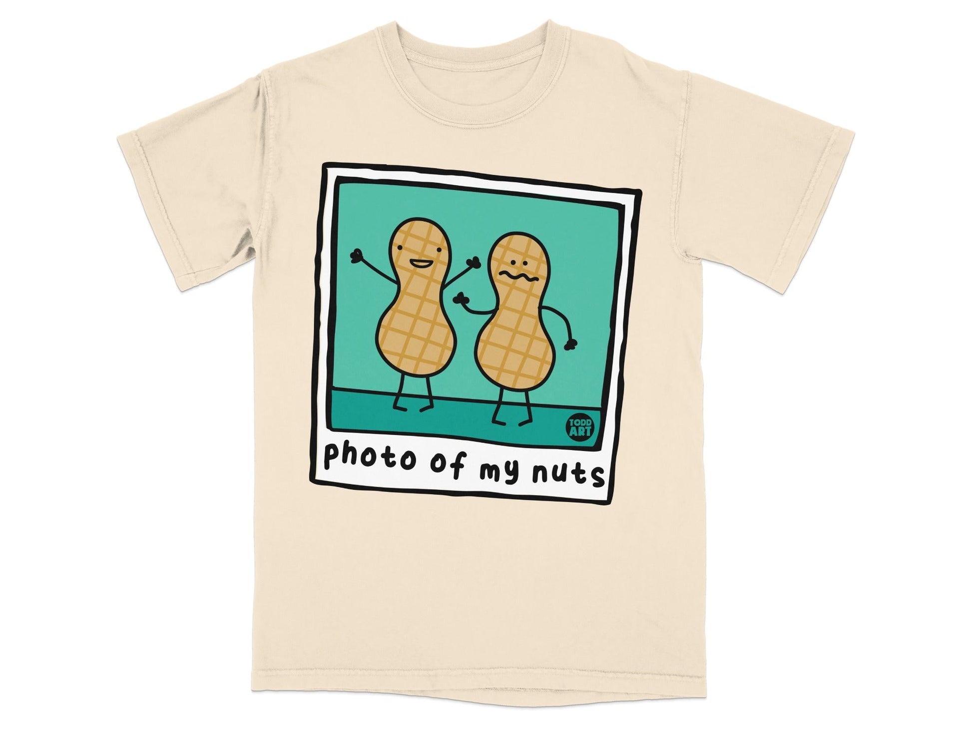 Cartoon peanuts in a polaroid frame with "photo of my nuts" text.