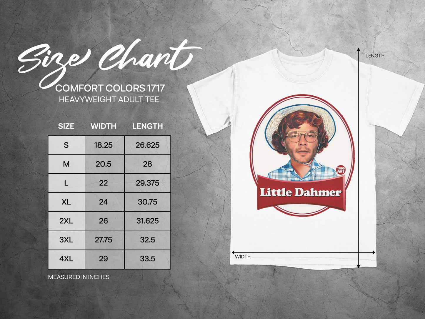 Comfort Colors 1717 size chart for heavyweight adult tees.