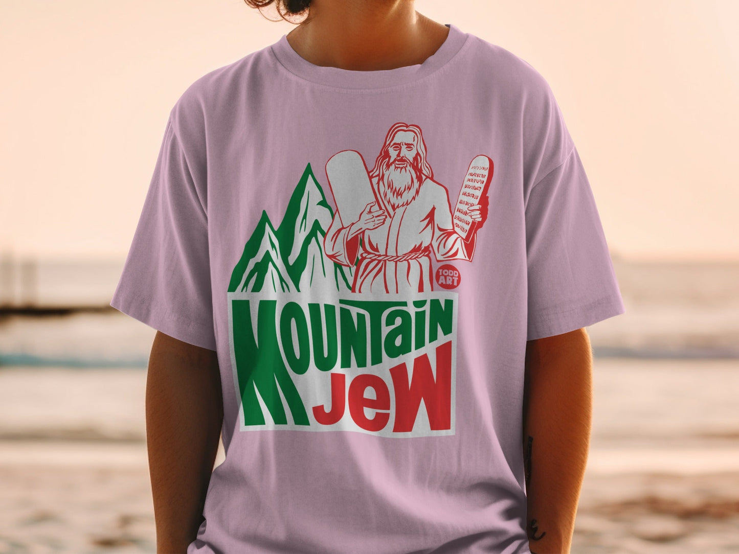 Mountain Jew graphic t-shirt with religious imagery and text.