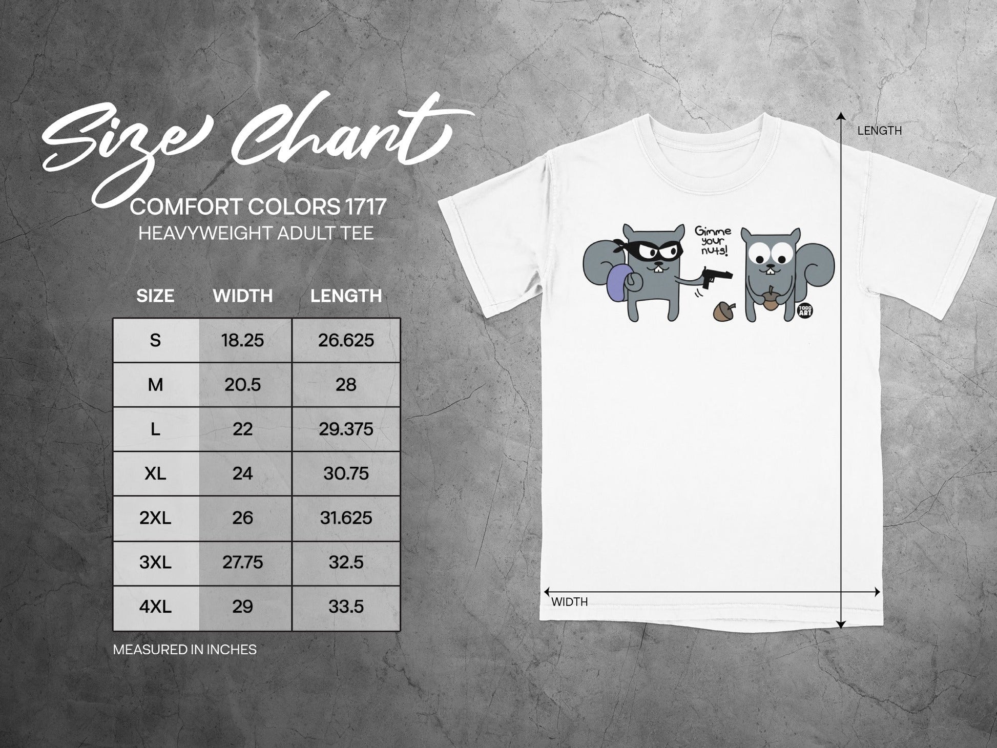 Size chart for Comfort Colors 1717 heavyweight adult tee, showing width and length in inches.
