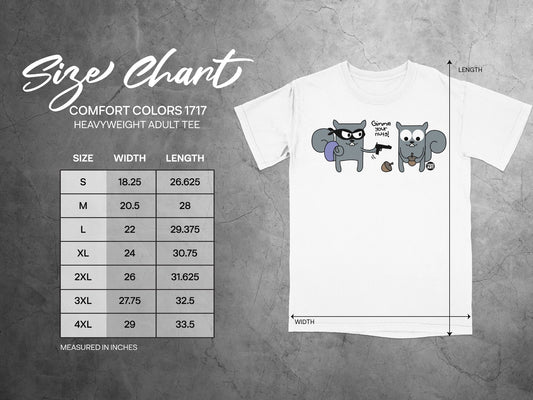 Size chart for Comfort Colors 1717 heavyweight adult tee, showing width and length in inches.