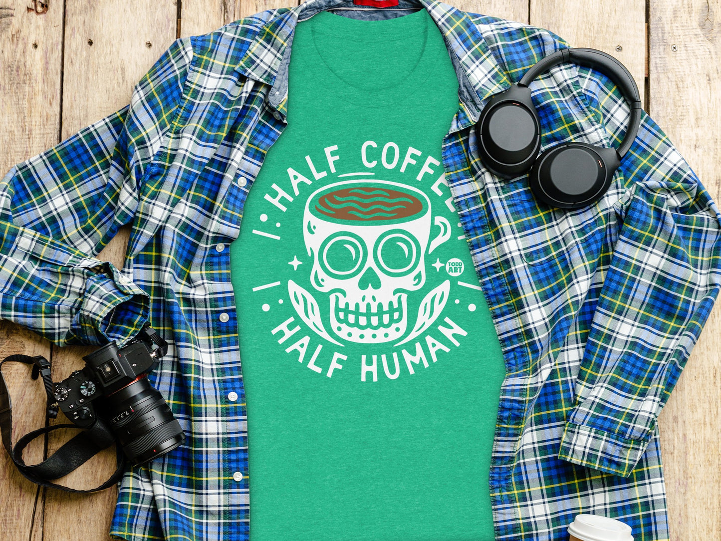 Half Coffee Half Human Green Graphic T-Shirt
